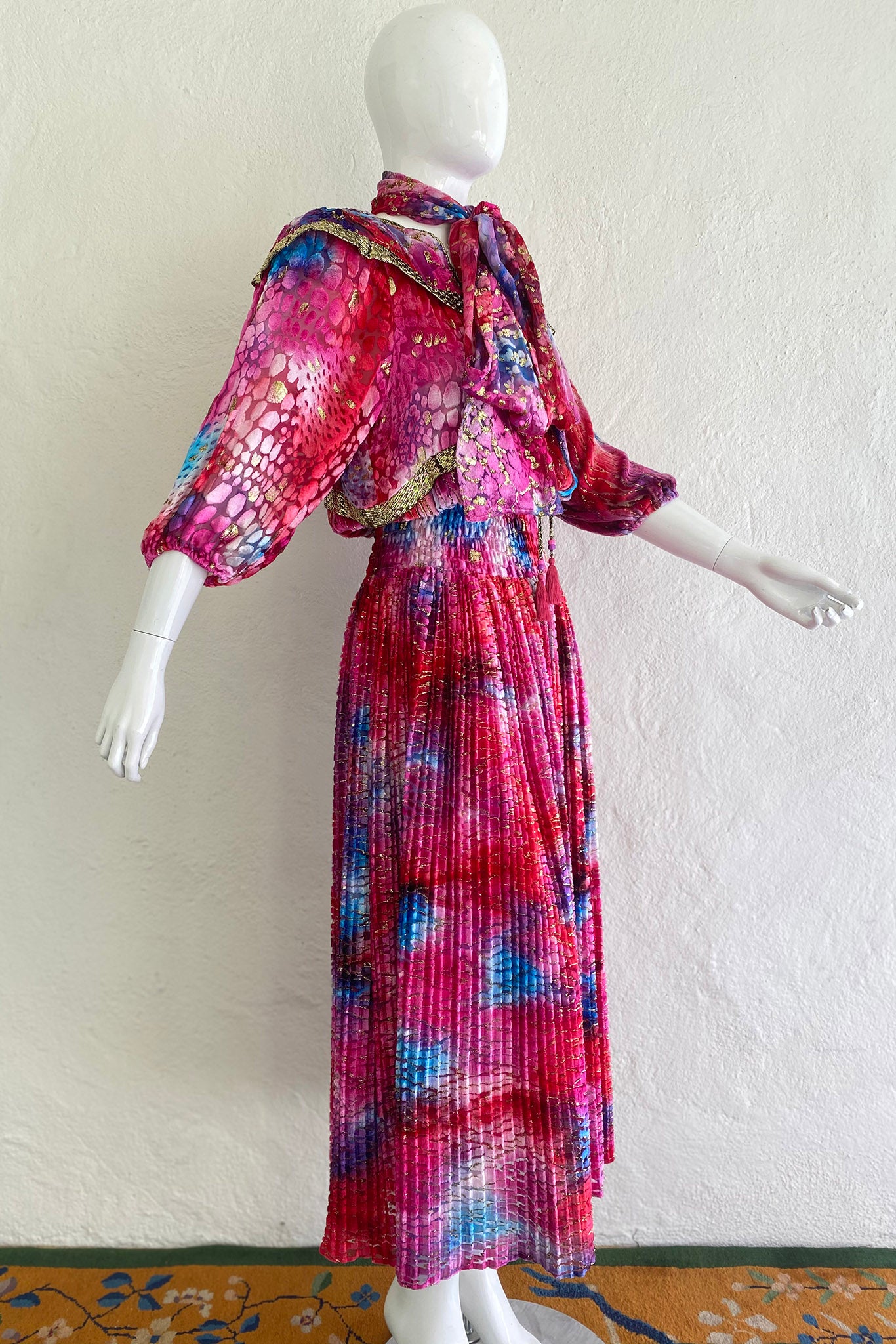 Vintage Diane Freis Velvet Lamé Blouson Dress on Mannequin Side at Recess Los Angeles