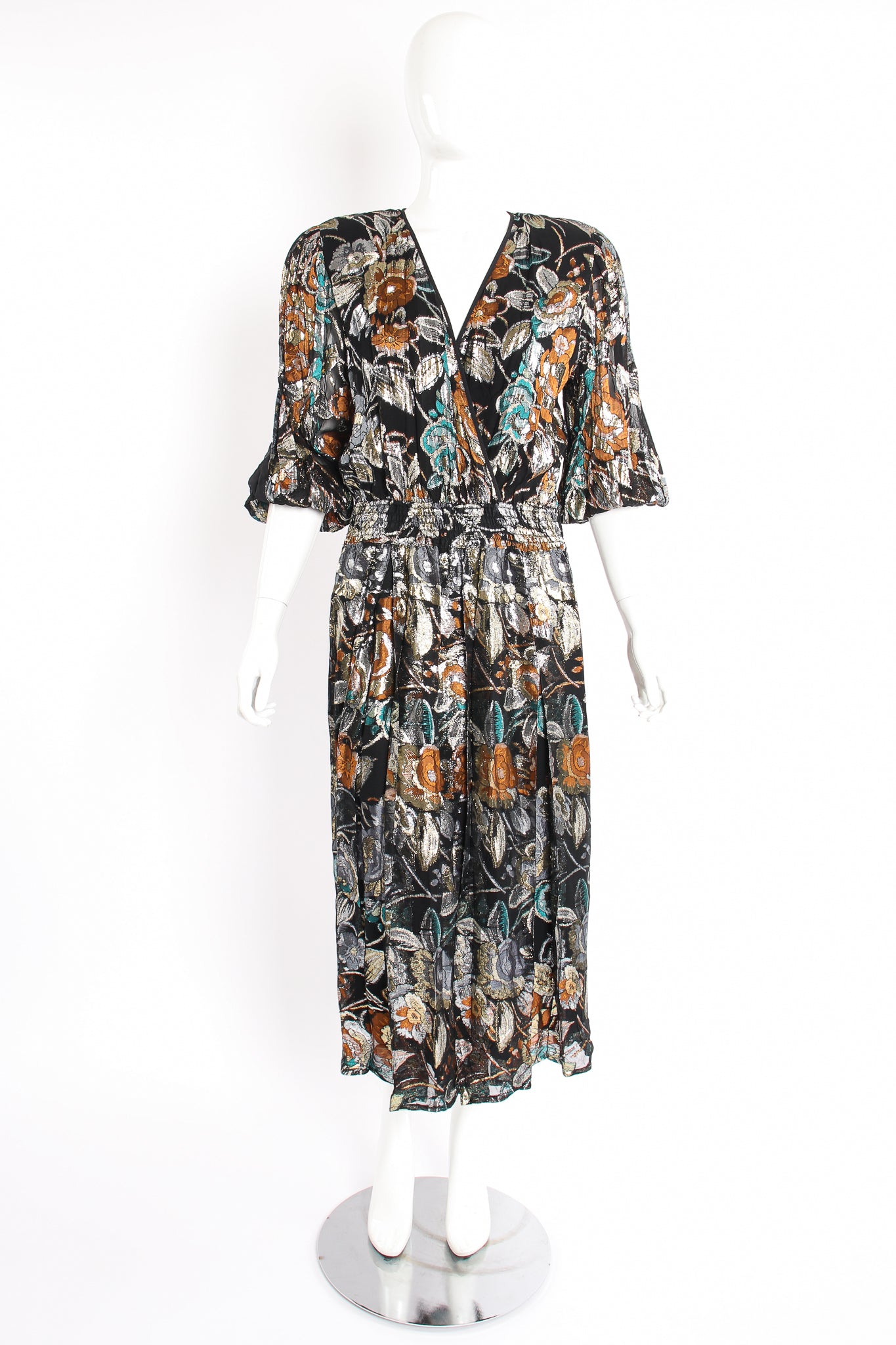 Vintage Diane Freis Floral Brocaded Chiffon Dress on Mannequin front at Recess Los Angeles
