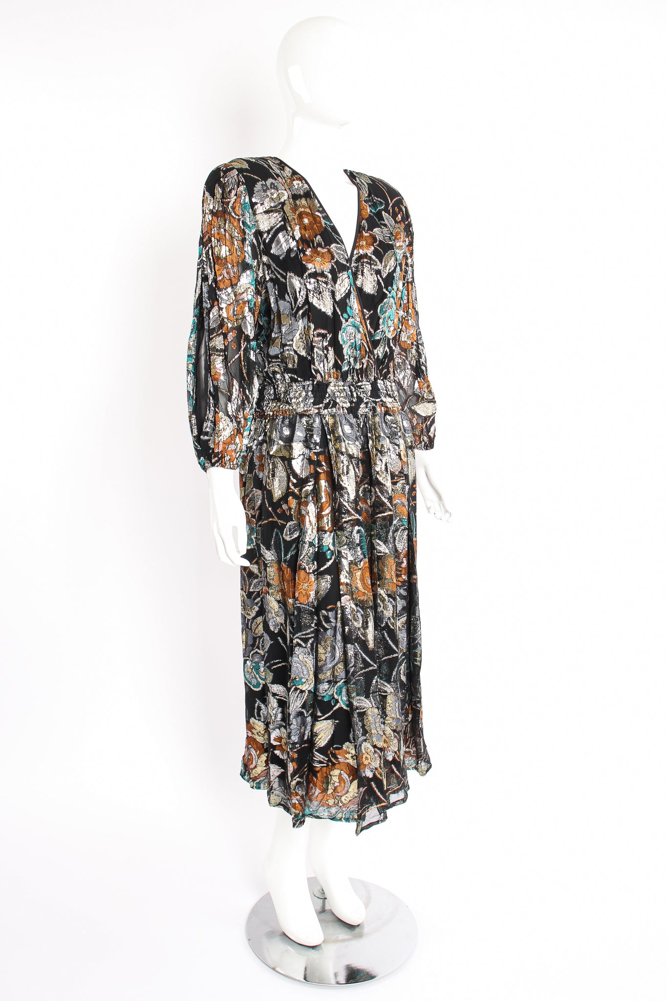 Vintage Diane Freis Floral Brocaded Chiffon Dress on Mannequin angle at Recess Los Angeles