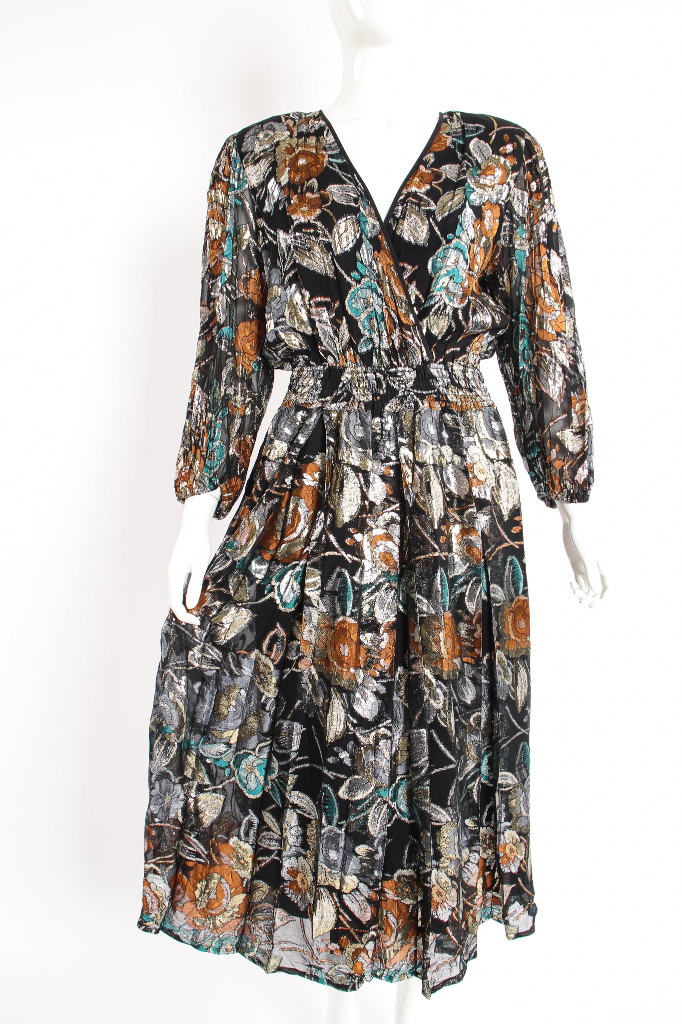 Vintage Diane Freis Floral Brocaded Chiffon Dress on Mannequin crop at Recess Los Angeles