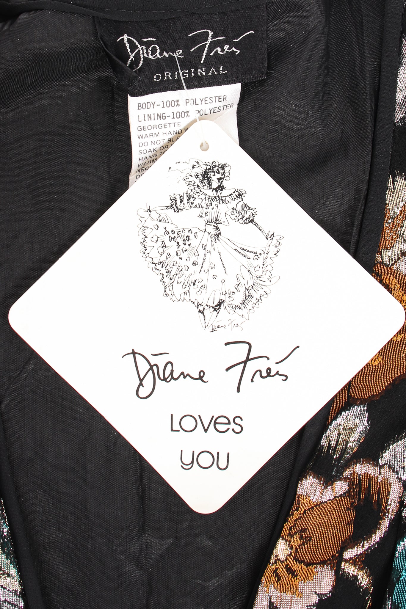 Vintage Diane Freis Floral Brocaded Chiffon Dress label and tag at Recess Los Angeles