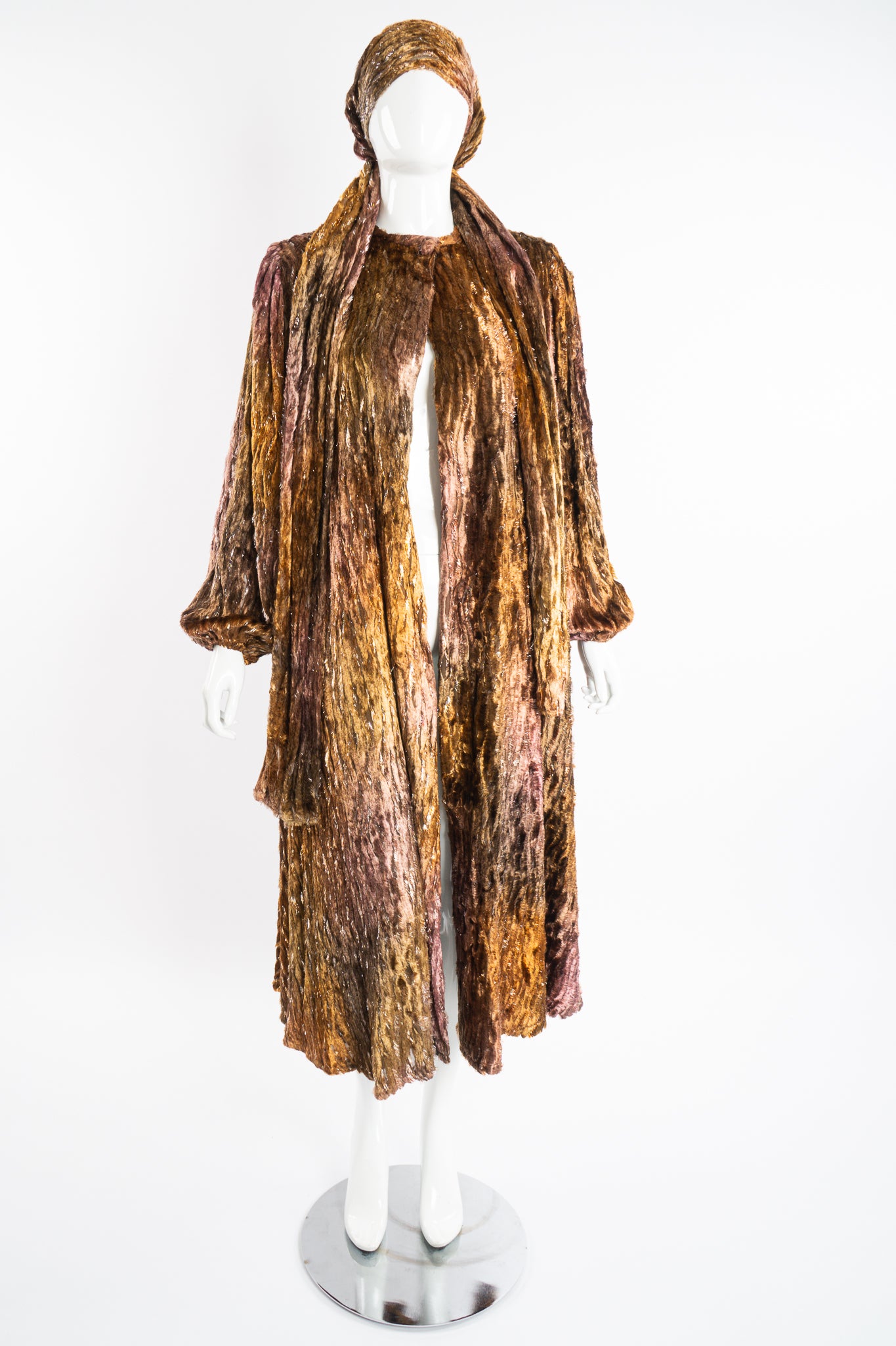 Vintage Diane Freis Plush Silk Tinsel Cape Coat & Scarf on Mannequin front at Recess Los Angeles