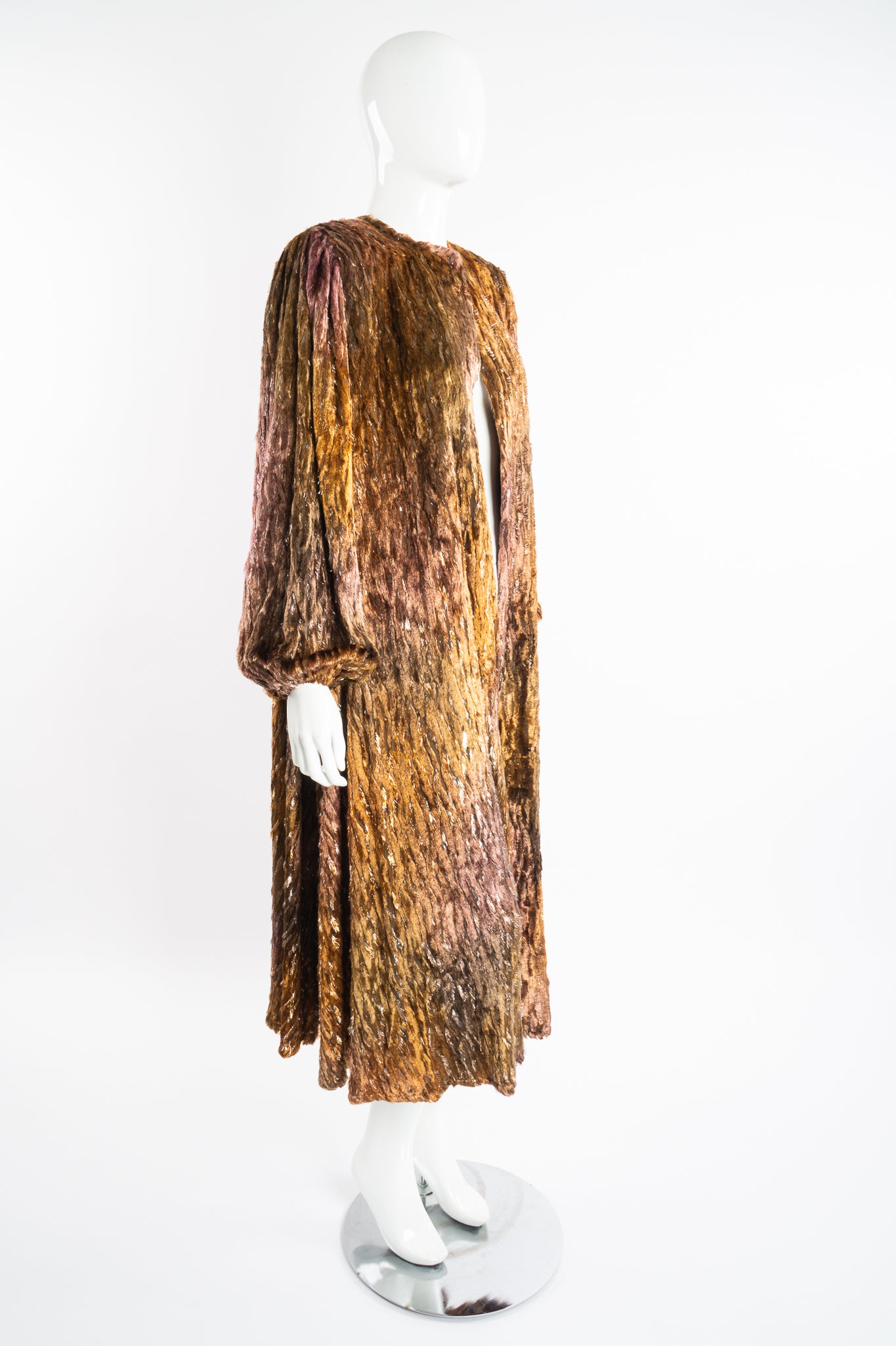 Vintage Diane Freis Plush Silk Tinsel Cape Coat & Scarf on Mannequin angle at Recess Los Angeles