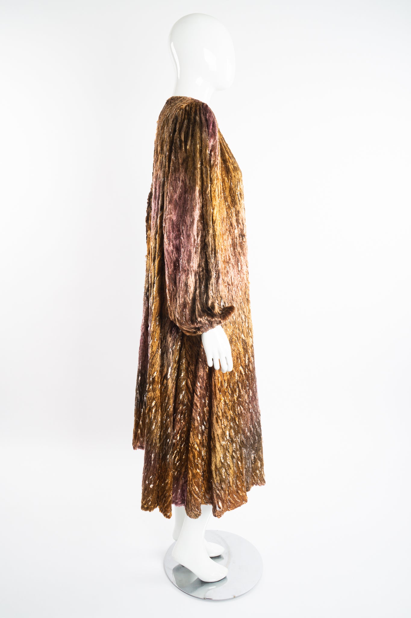 Vintage Diane Freis Plush Silk Tinsel Cape Coat & Scarf on Mannequin side at Recess Los Angeles