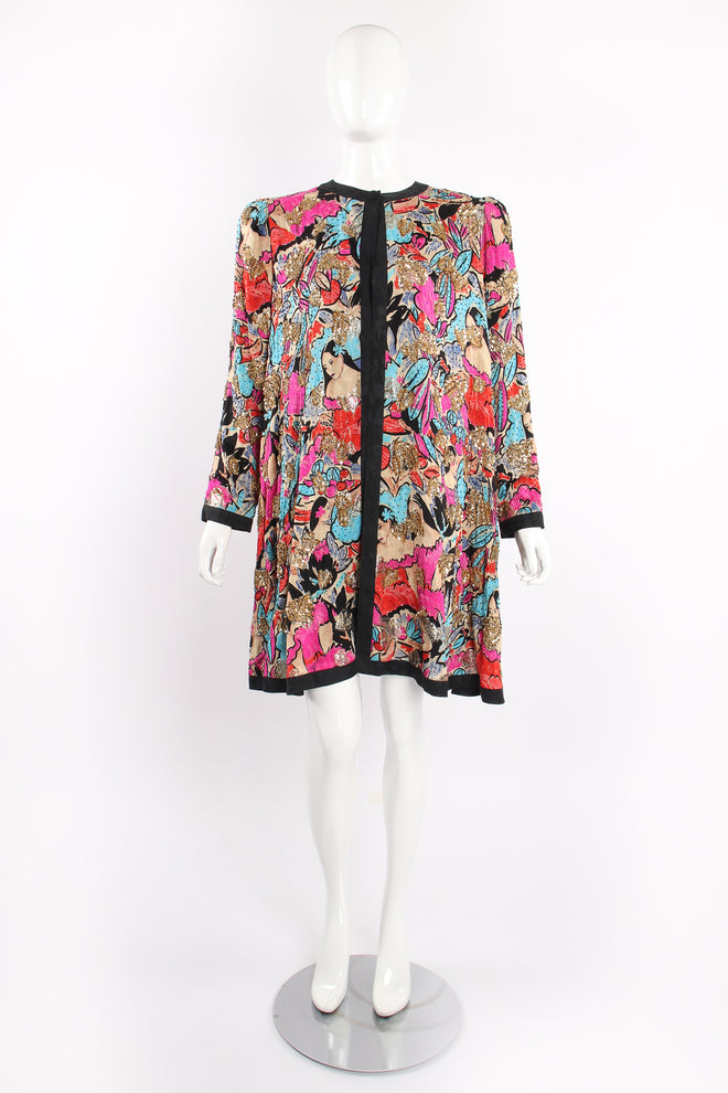 Vintage Diane Freis Tropical Beaded Silk Duster on Mannequin front at Recess Los Angeles