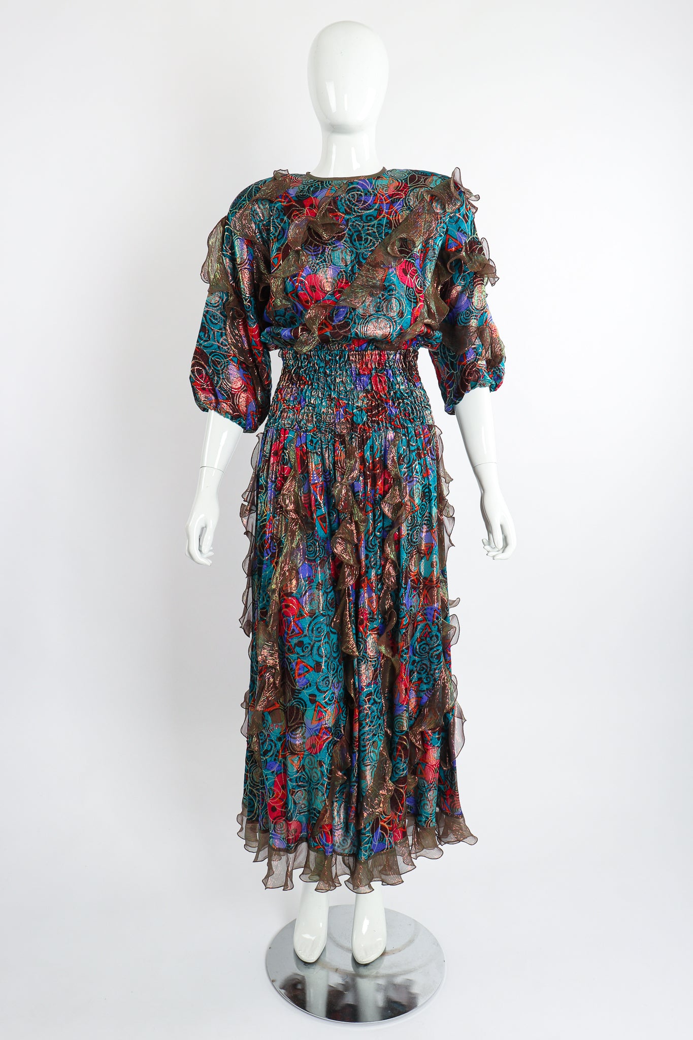 Vintage Diane Freis Metallic Lamé Ruffle Dress on Mannequin front at Recess Los Angeles