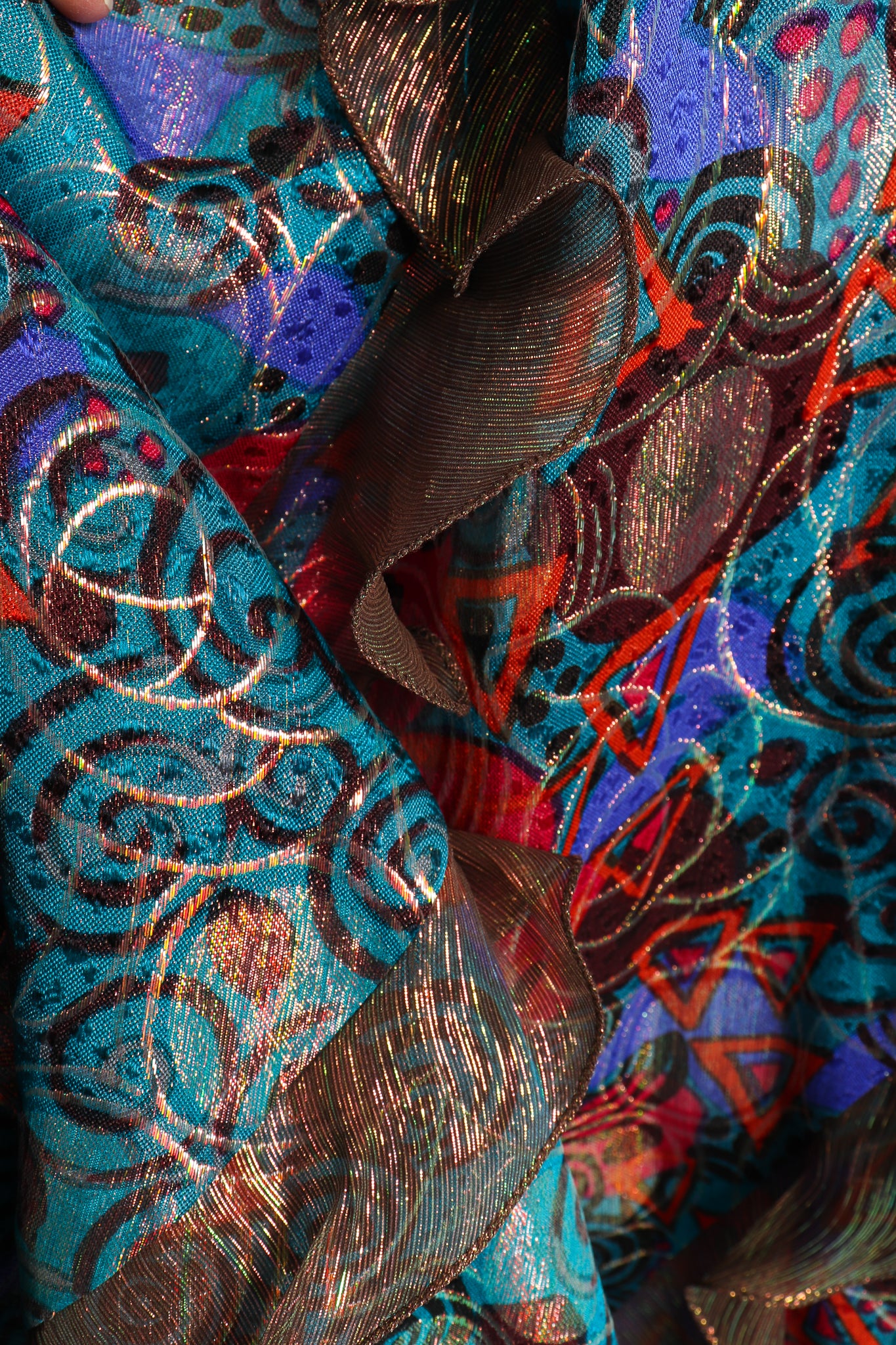 Vintage Diane Freis Metallic Lamé Ruffle Dress fabric detail at Recess Los Angeles