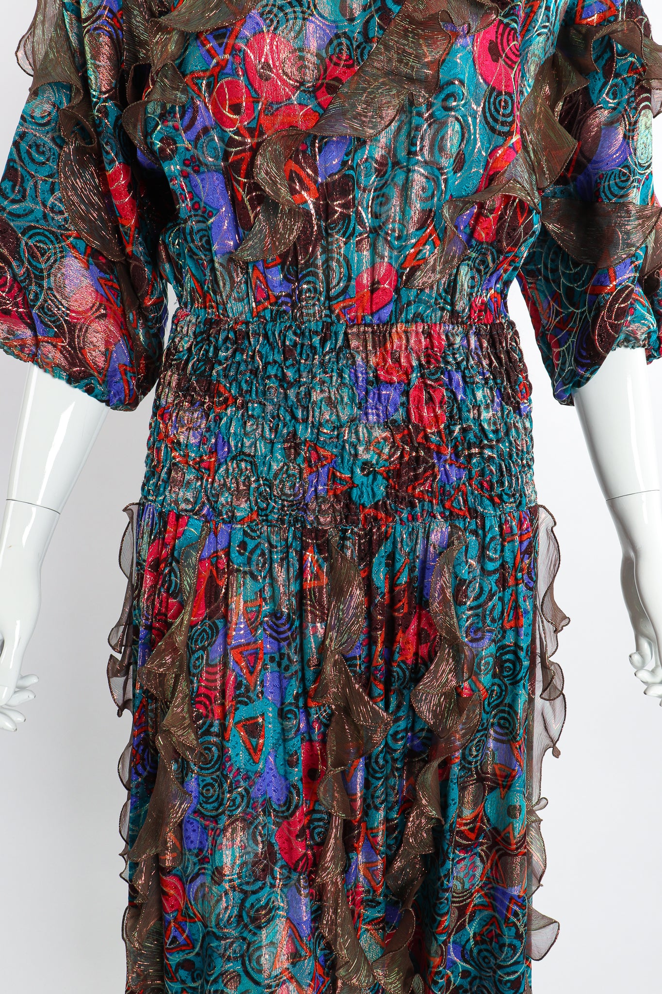 Vintage Diane Freis Metallic Lamé Ruffle Dress on Mannequin waist crop at Recess Los Angeles