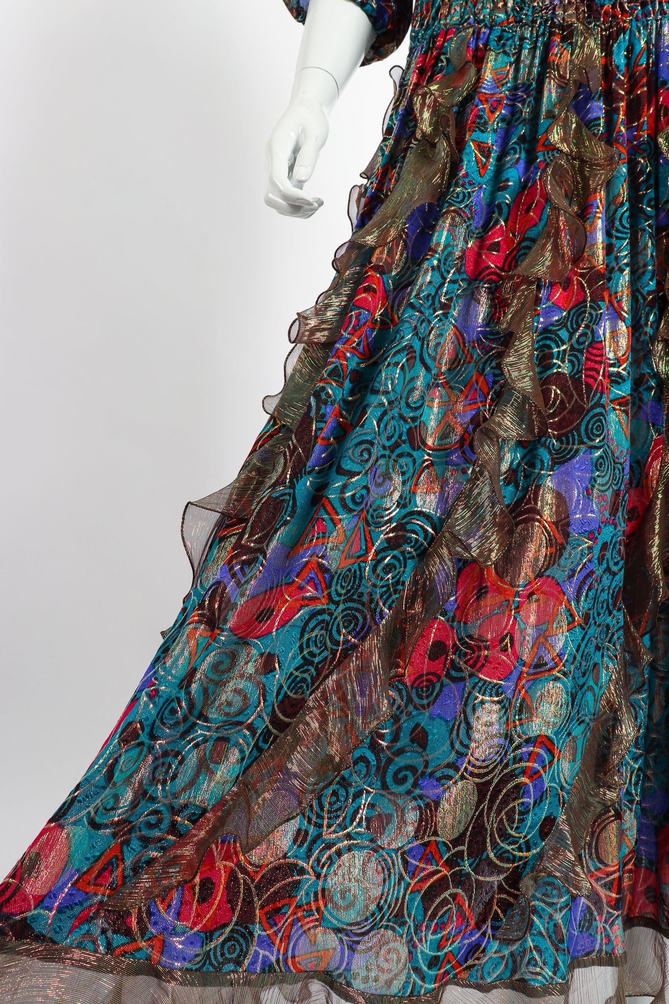Vintage Diane Freis Metallic Lamé Ruffle Dress on Mannequin skirt at Recess Los Angeles