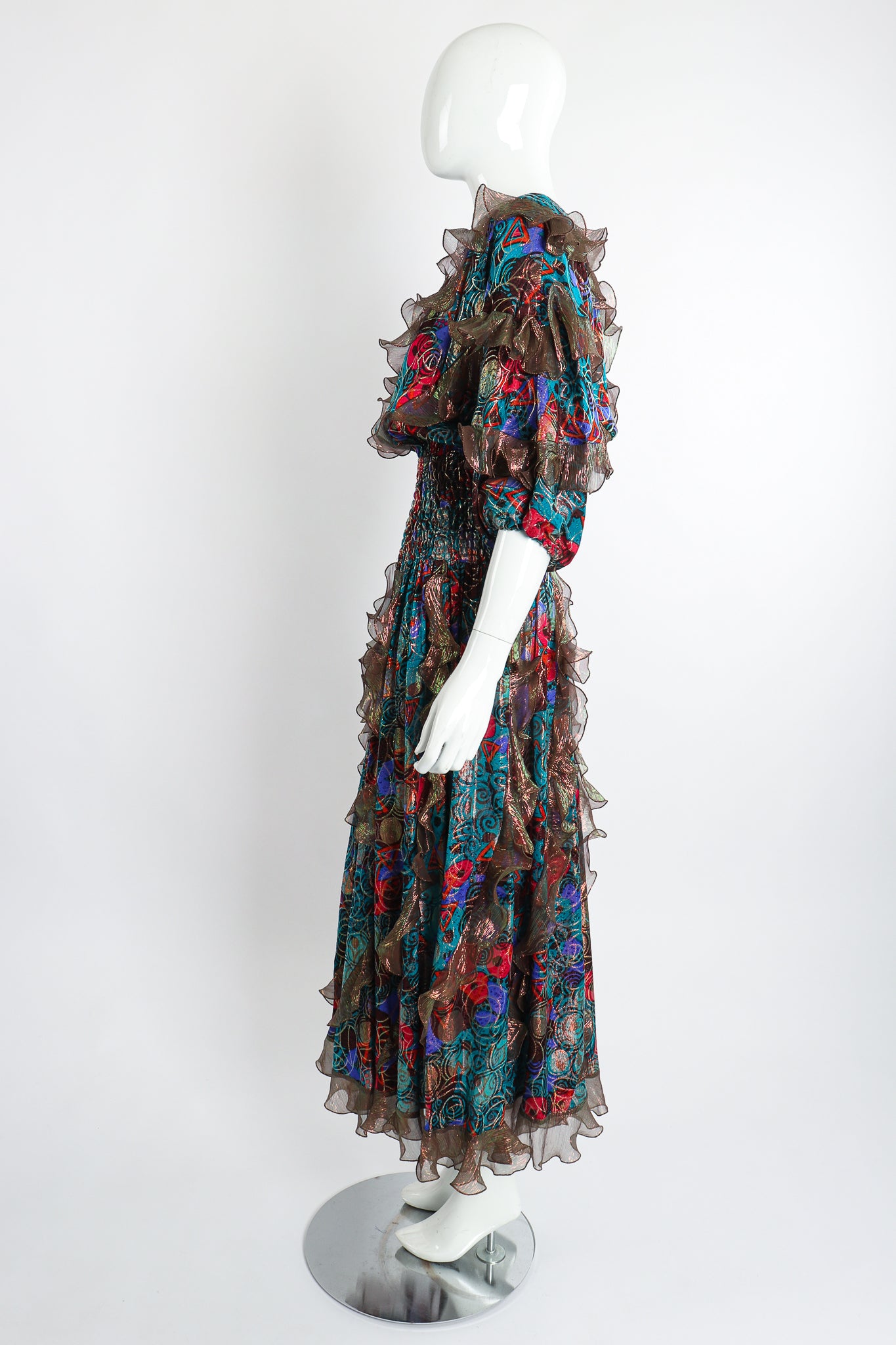 Vintage Diane Freis Metallic Lamé Ruffle Dress on Mannequin side at Recess Los Angeles