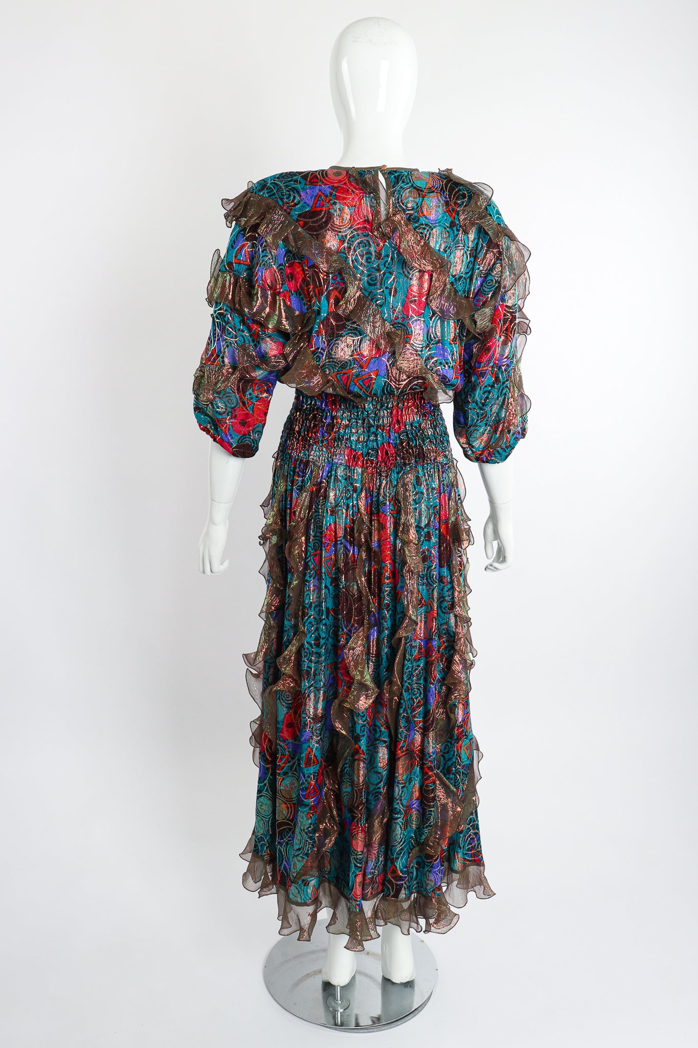 Vintage Diane Freis Metallic Lamé Ruffle Dress on Mannequin back at Recess Los Angeles