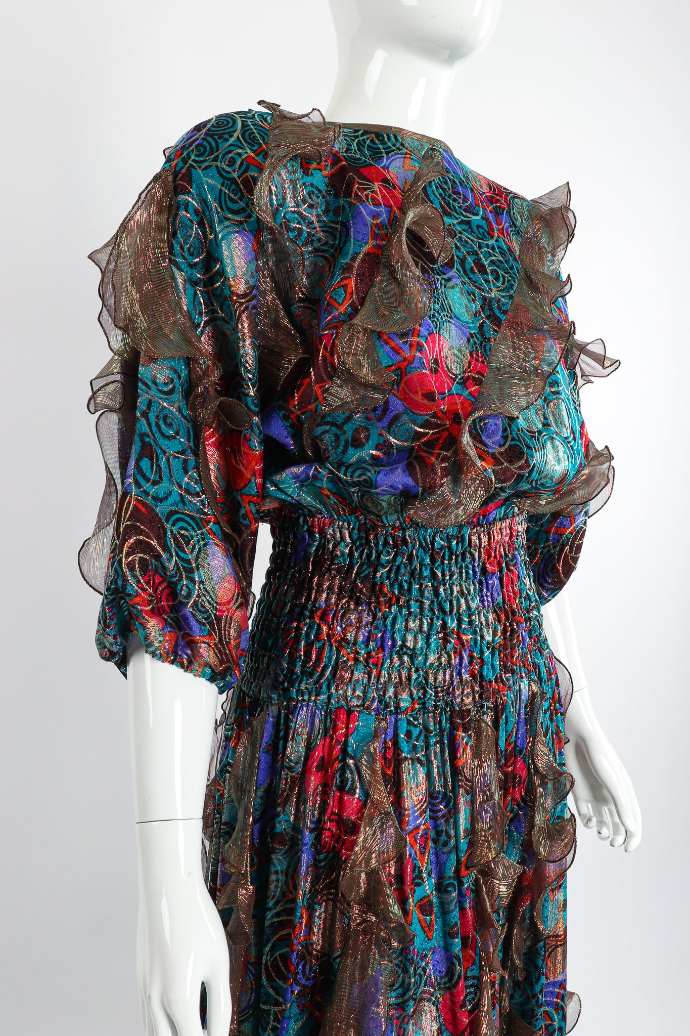 Vintage Diane Freis Metallic Lamé Ruffle Dress on Mannequin crop at Recess Los Angeles