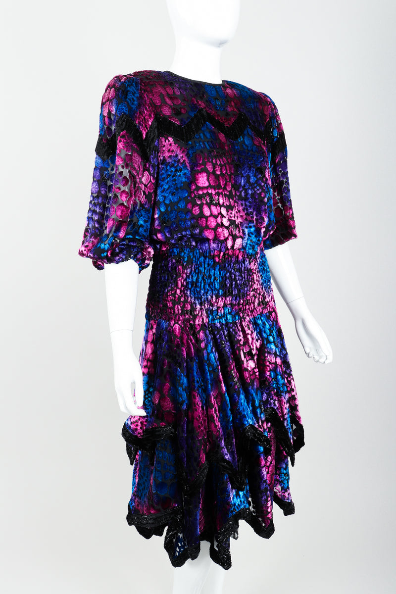 Vintage Diane Freis Velvet Lamé Handkerchief Dress on Mannequin angle crop at Recess Los Angeles