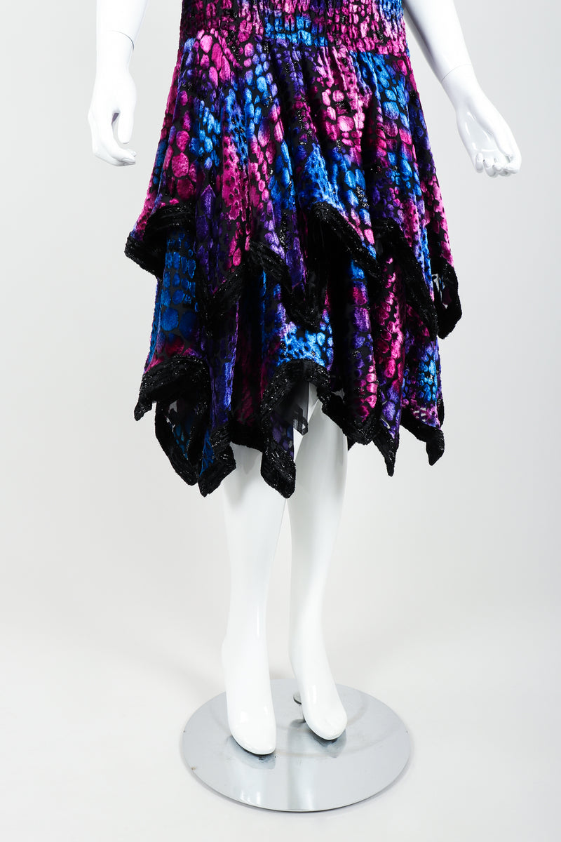 Vintage Diane Freis Velvet Lamé Handkerchief Dress on Mannequin skirt hem at Recess Los Angeles