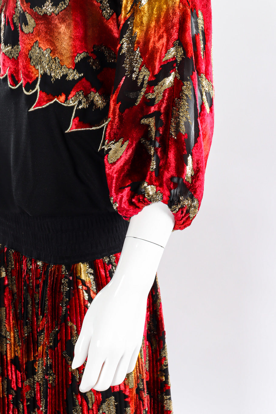 Multi-printed silk limited edition dress by Diane Freis close up sleeve on mannequin @recessla