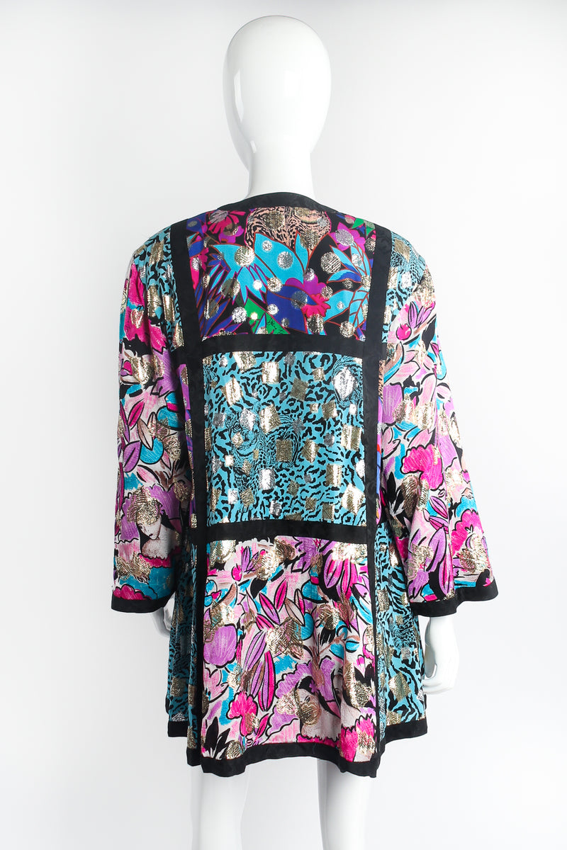 Vintage Diane Freis Metallic Silk Patchwork Collage Swing Jacket on mannequin back at Recess LA