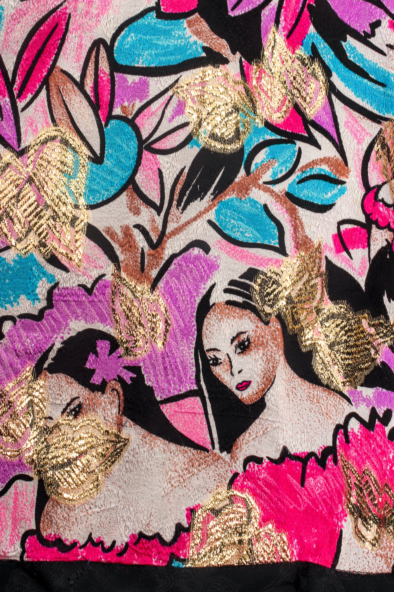 Vintage Diane Freis Metallic Silk Patchwork Collage Swing Jacket print detail at Recess LA