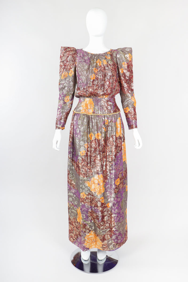 Recess Designer Consignment Vintage Diane Dickinson Floral Lamé Brocade Pointed Shoulder Dress Los Angeles Resale Mariano Fortuny