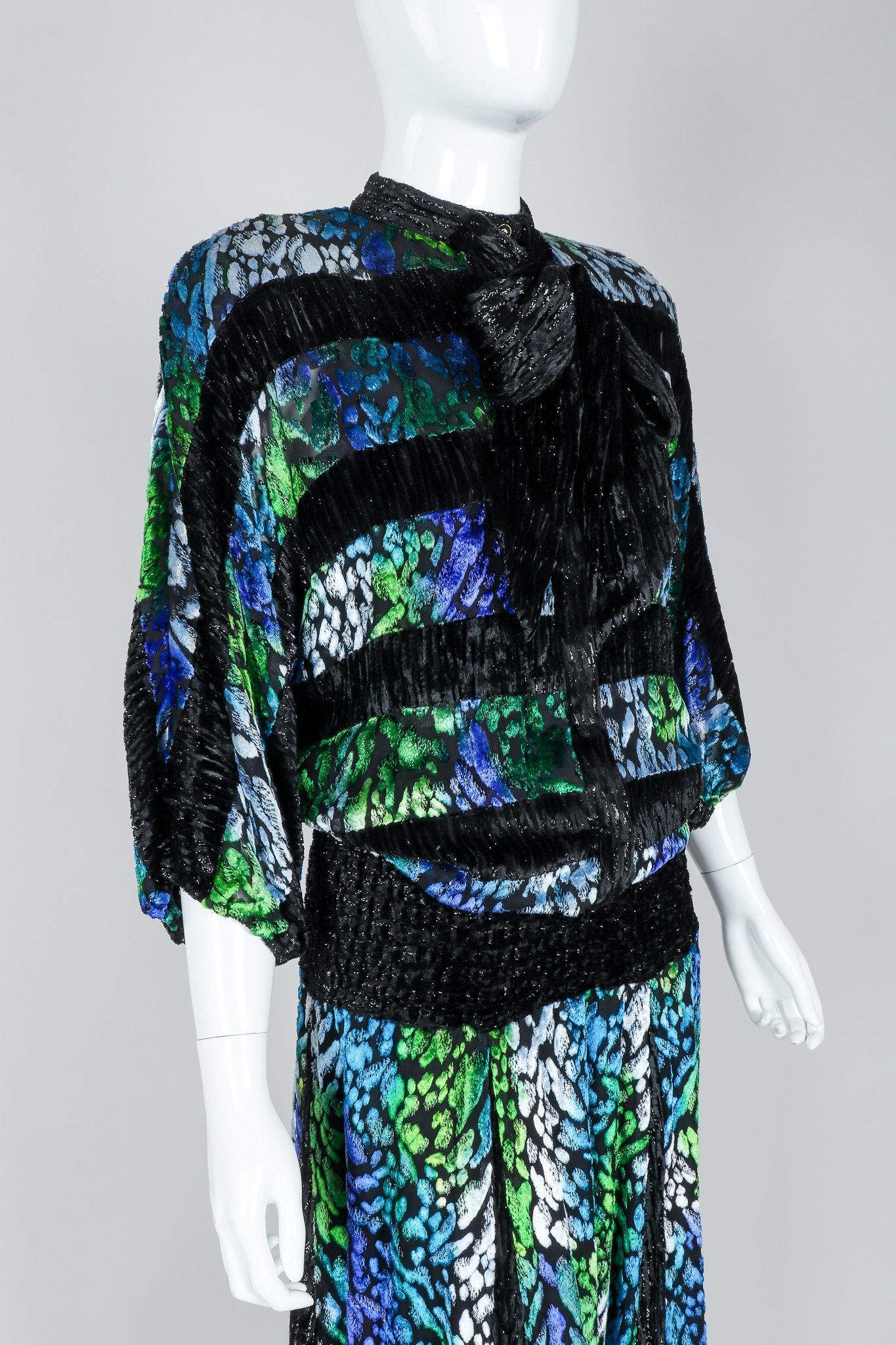 Recess Vintage Diane Freis Velvet Lamé Burnout Ombre Dress on Mannequin, bodice