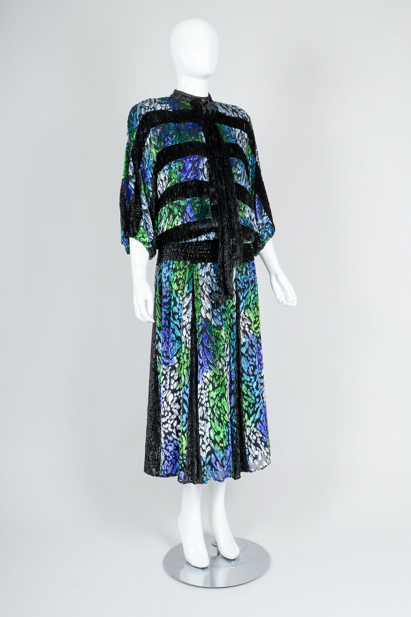 Recess Vintage Diane Freis Velvet Lamé Burnout Ombre Dress on Mannequin, angled