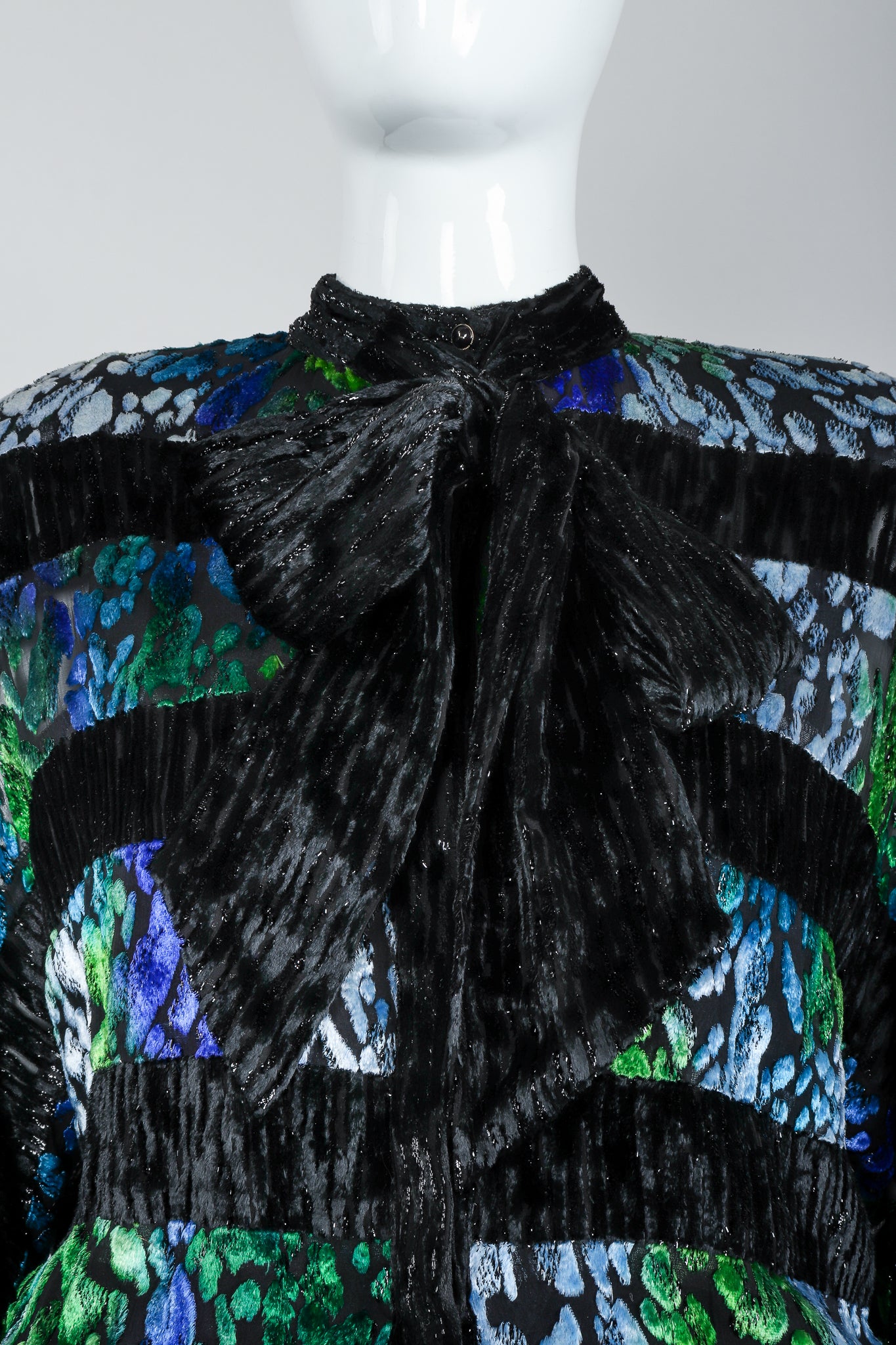 Recess Vintage Diane Freis Velvet Lamé Burnout Ombre Dress on Mannequin, neck tie