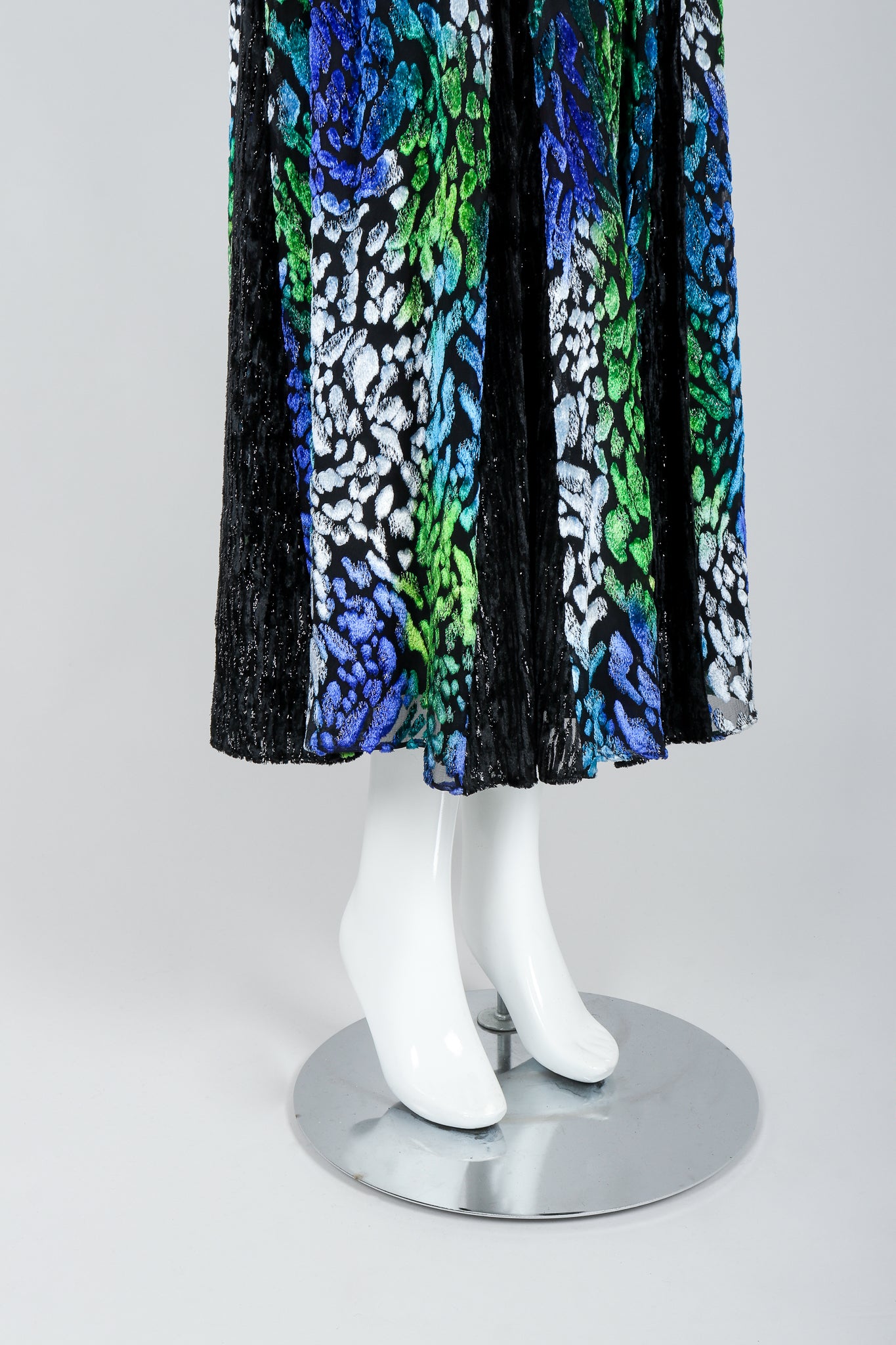 Recess Vintage Diane Freis Velvet Lamé Burnout Ombre Dress on Mannequin, godet skirt