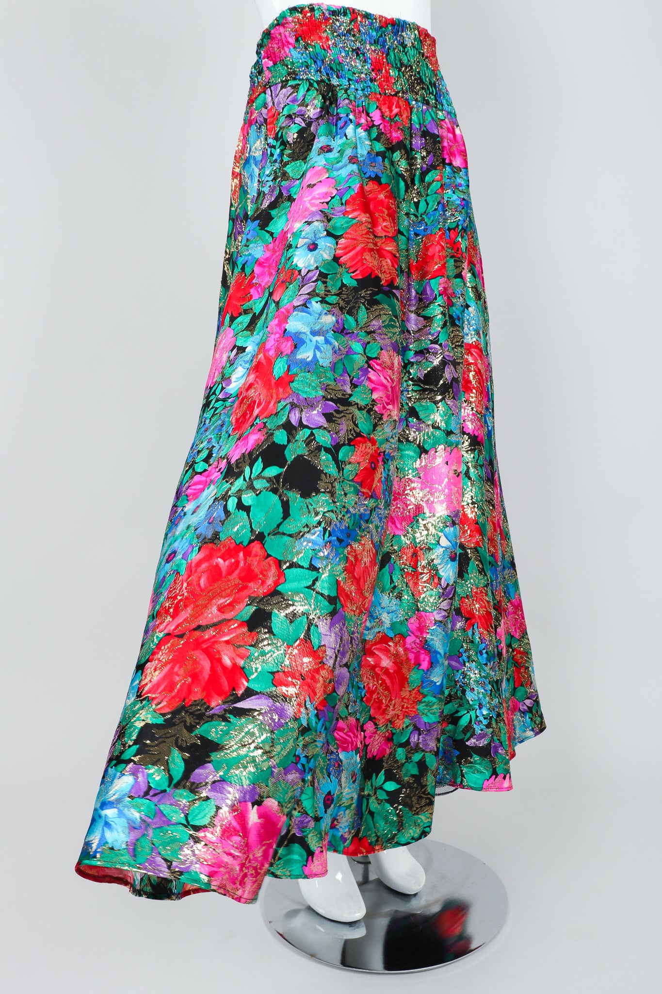Vintage Diane Freis Metallic Floral Lamé Maxi Skirt on Mannequin, flutter hem