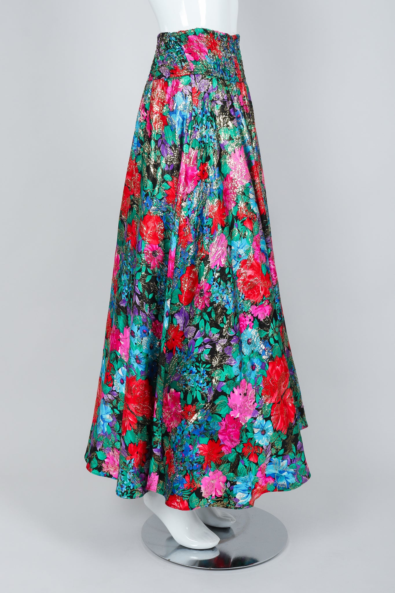Vintage Diane Freis Metallic Floral Lamé Maxi Skirt on Mannequin, side at Recess Los Angeles