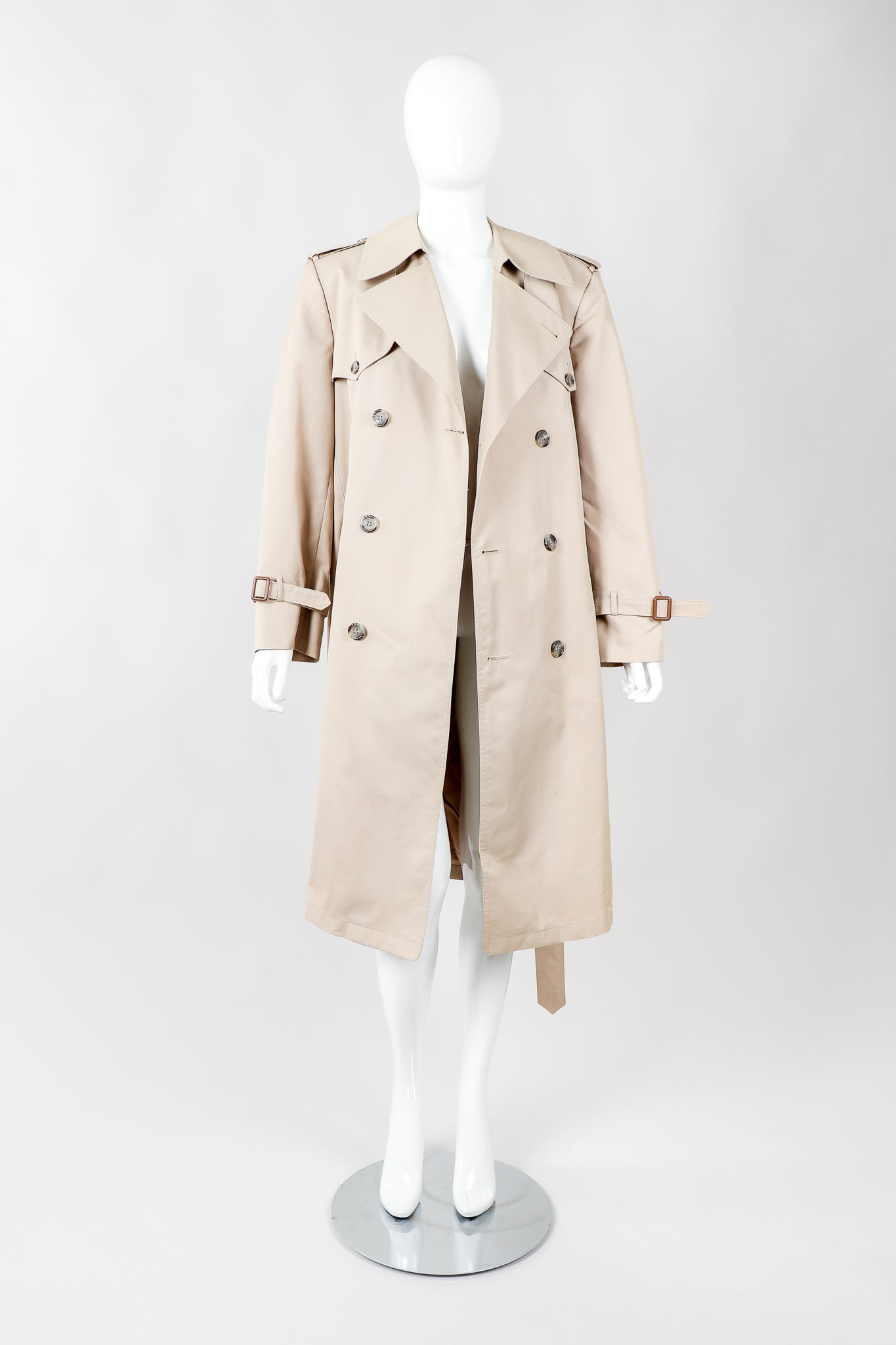 Vintage Christian Dior Monsieur Khaki Classic Trench Coat on Mannequin, open at Recess