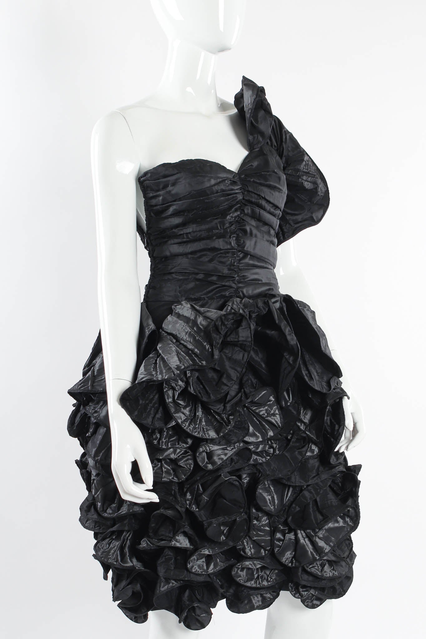 Vintage Christian Dior 1985 A/W Silk Taffeta Ruffle Dress mannequin close angle @ Recess LA