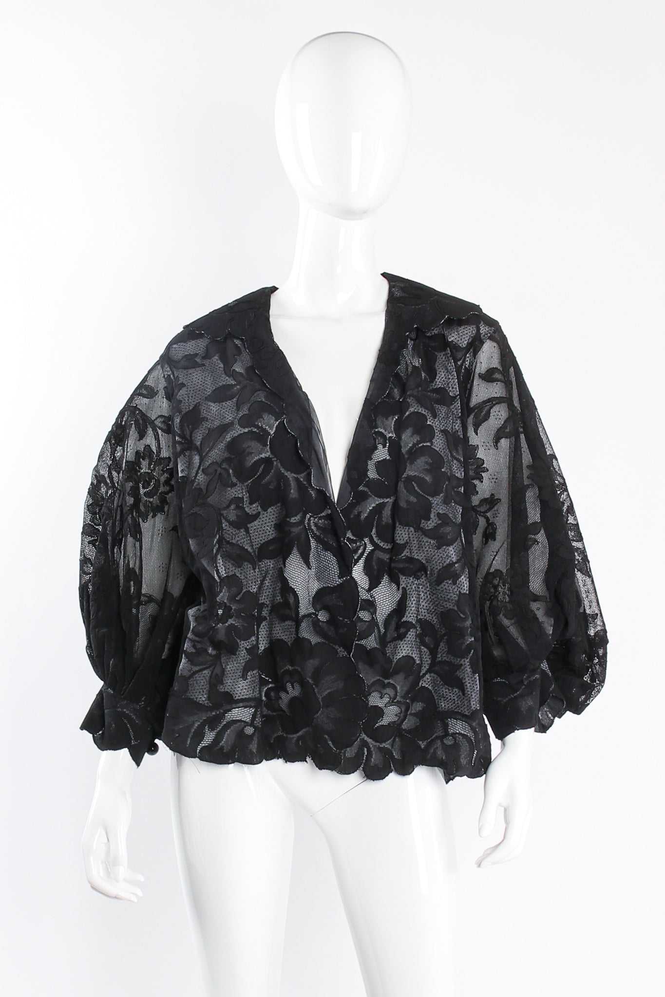 Vintage Christian Dior Ferre Numbered Lace Balloon Sleeve Jacket on mannequin front @ Recess LA