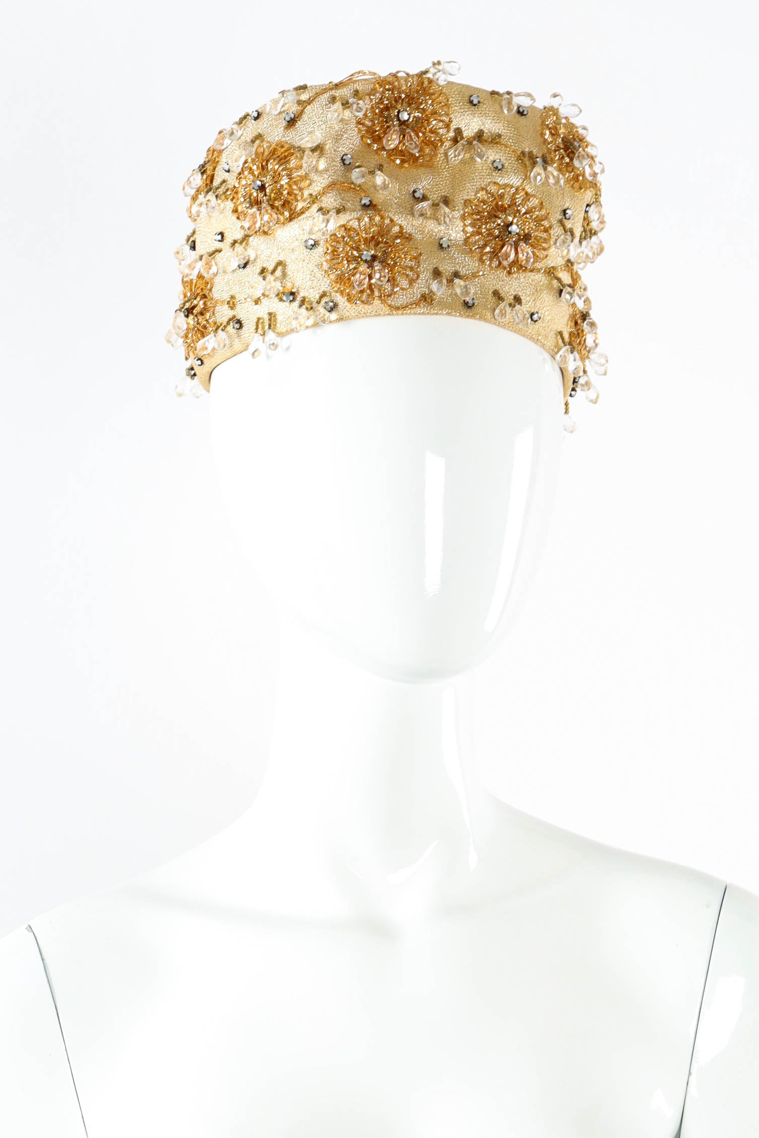 Vintage Christian Dior Jeweled Floral Pillbox Hat mannequin front  @ Recess LA