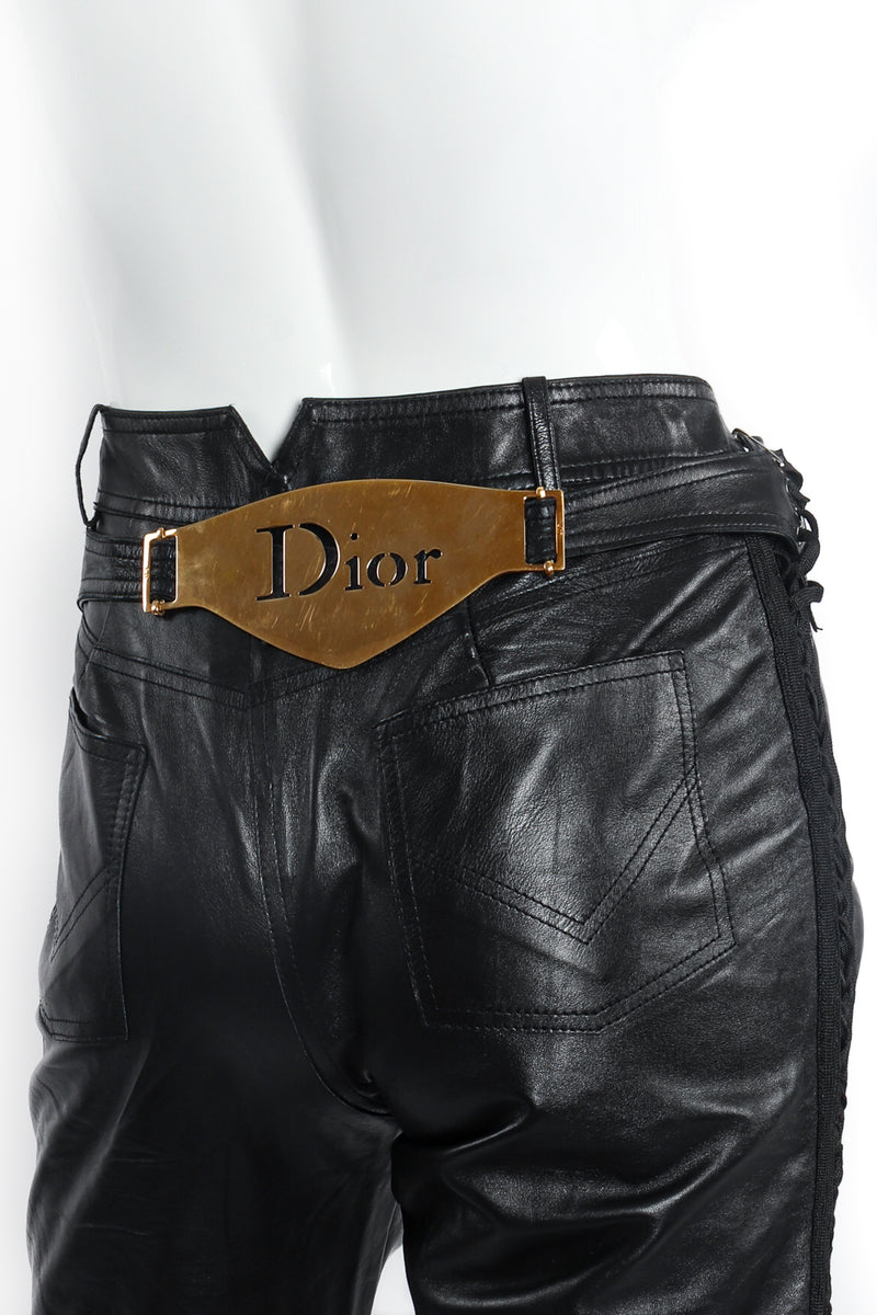 Vintage Christian Dior Leather Tuxedo Lace Plaque Pant on Mannequin detail at Recess Los Angeles