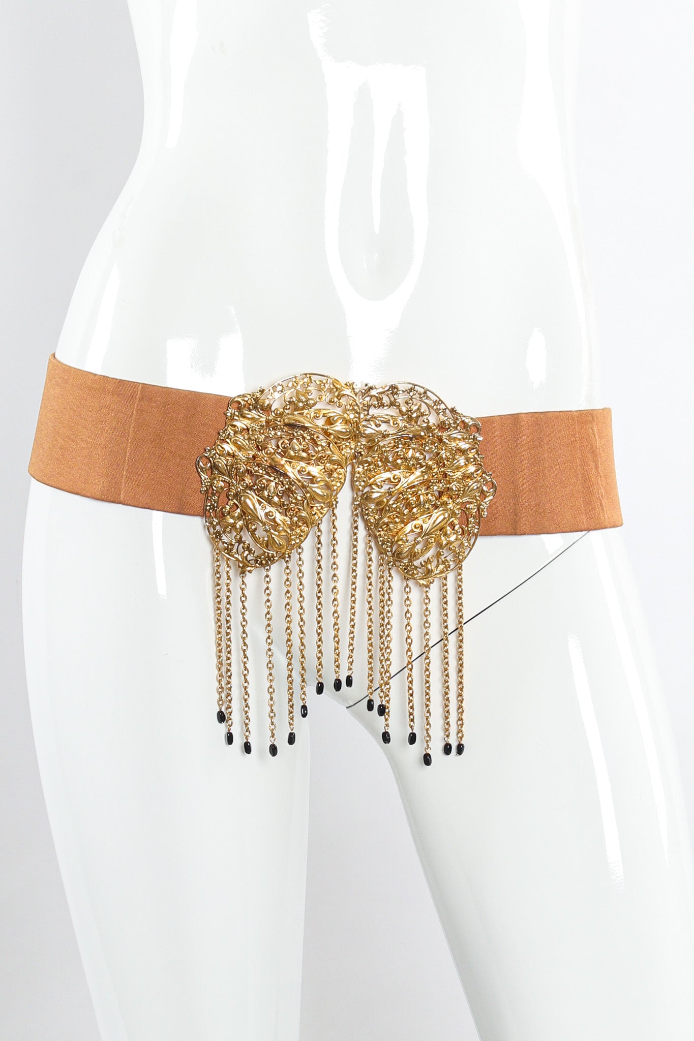 Bold double filigree emblem cloth belt by Christian Dior on mannequin @recessla