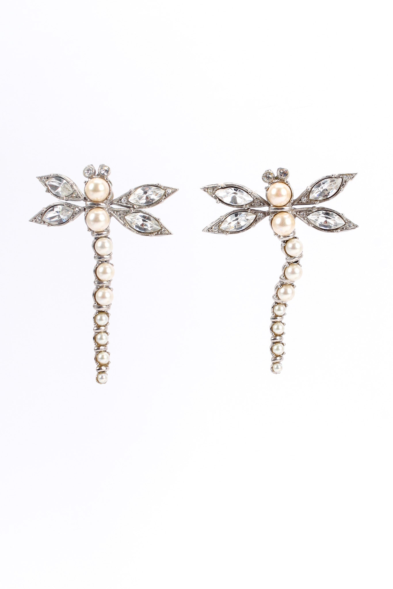 Vintage Christian Dior Crystal Pearl Dragonfly Earrings front hang @ Recess LA