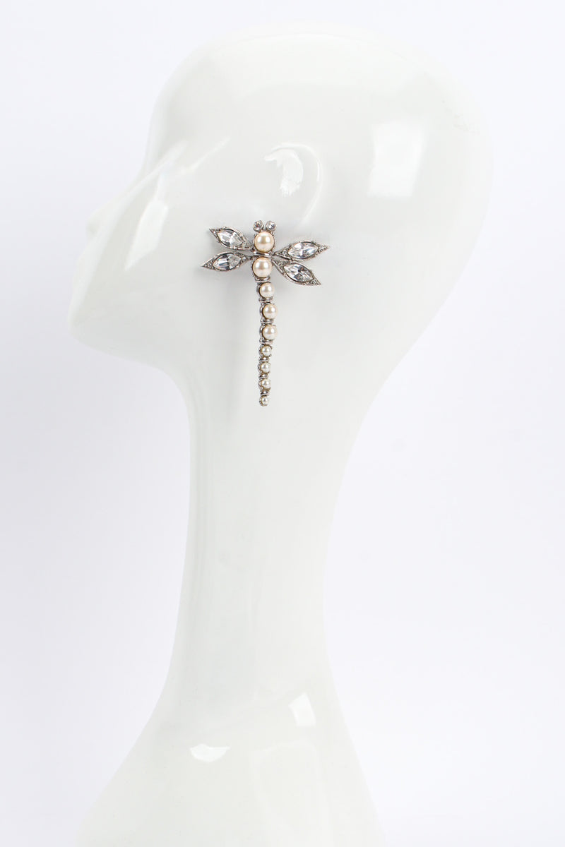 Vintage Christian Dior Crystal Pearl Dragonfly Earrings on mannequin @ Recess LA