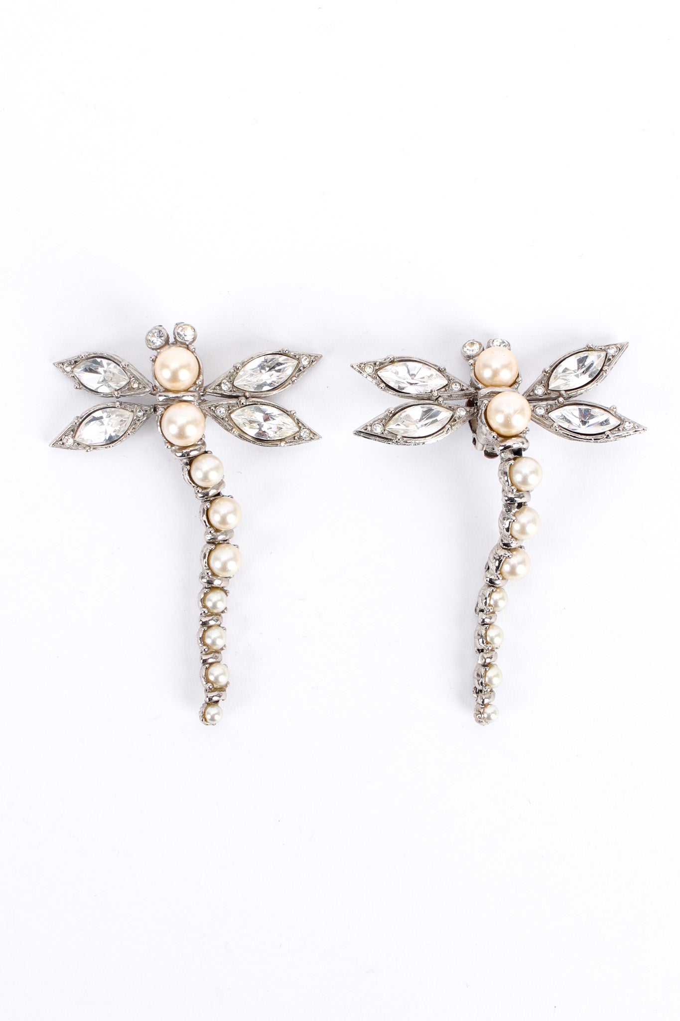 Vintage Christian Dior Crystal Pearl Dragonfly Earrings front flat @ Recess LA