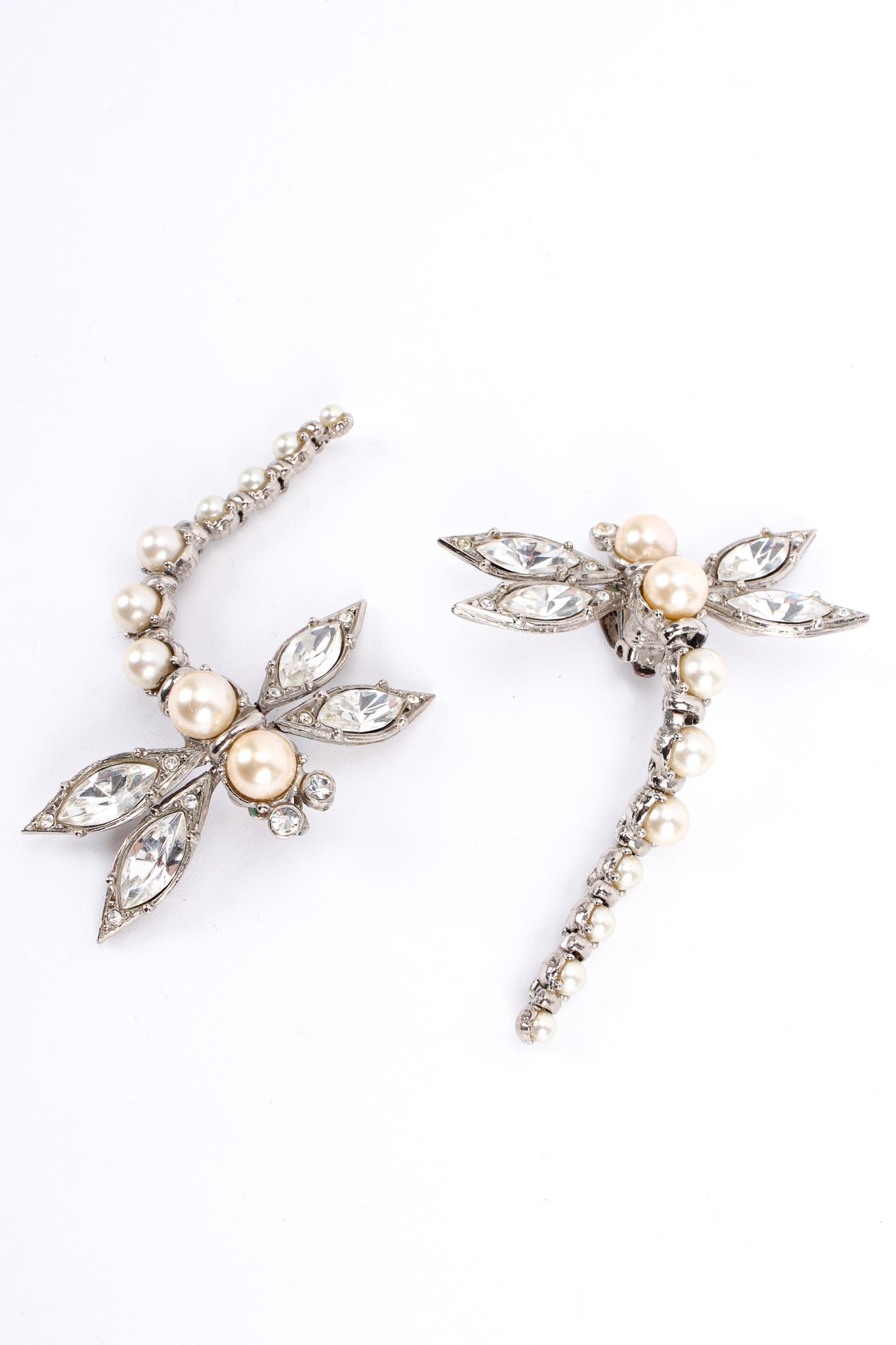 Vintage Christian Dior Crystal Pearl Dragonfly Earrings creative diagonal flat @ Recess LA
