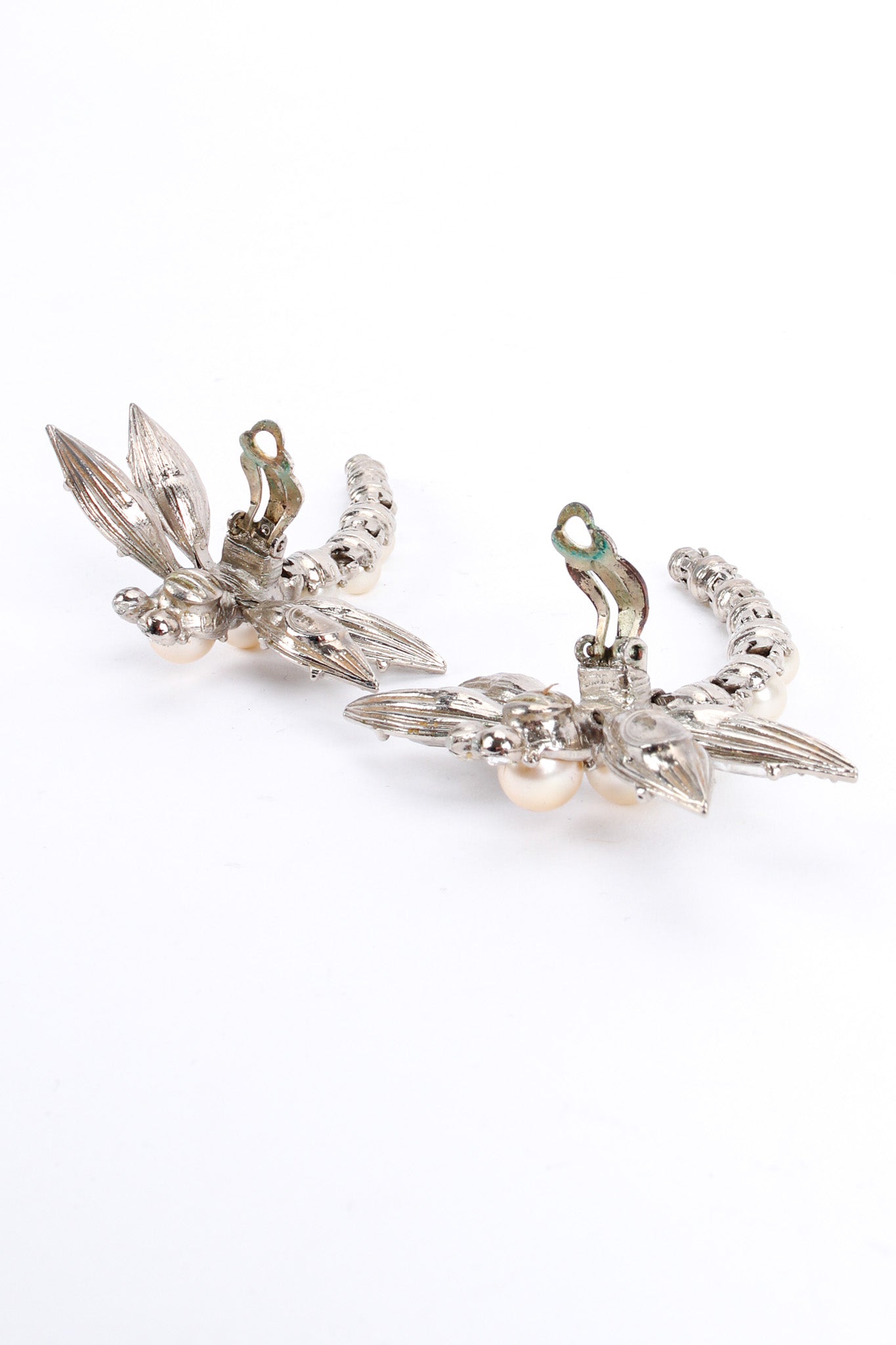 Vintage Christian Dior Crystal Pearl Dragonfly Earrings open tarnished backing @ Recess LA