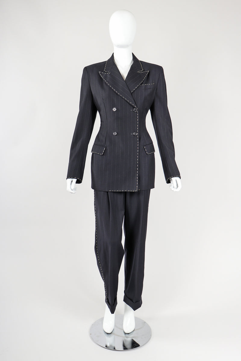 Recess Vintage Dolce & Gabbana charcoal Pinstripe Jacket & Pant Suit on Mannequin, front