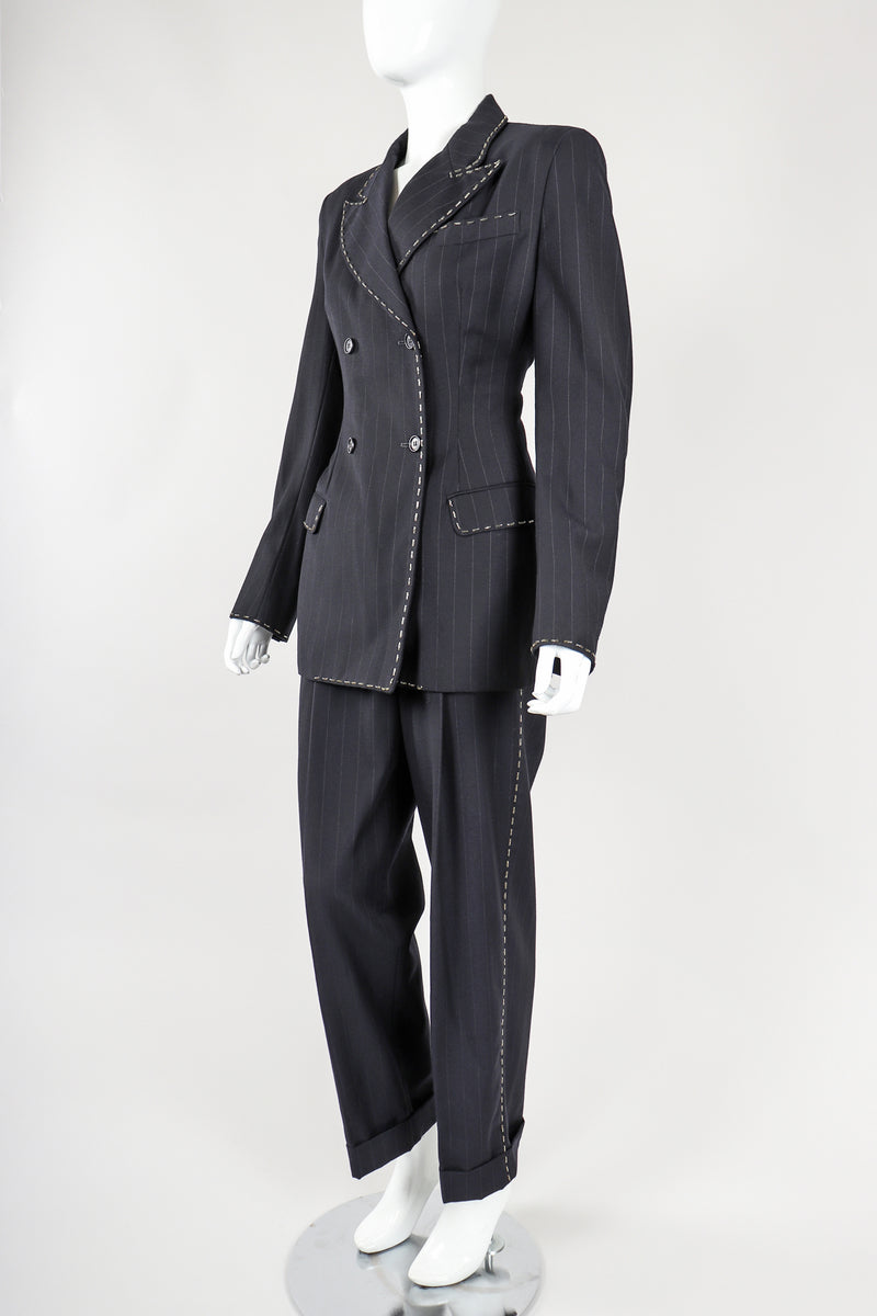 Recess Vintage Dolce & Gabbana charcoal Pinstripe Jacket & Pant Suit on Mannequin, angled