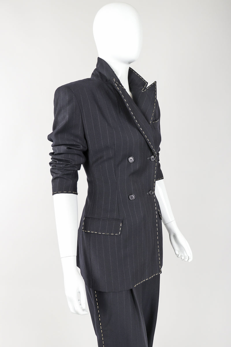 Recess Vintage Dolce & Gabbana charcoal Pinstripe Jacket & Pant Suit on Mannequin, collar popped