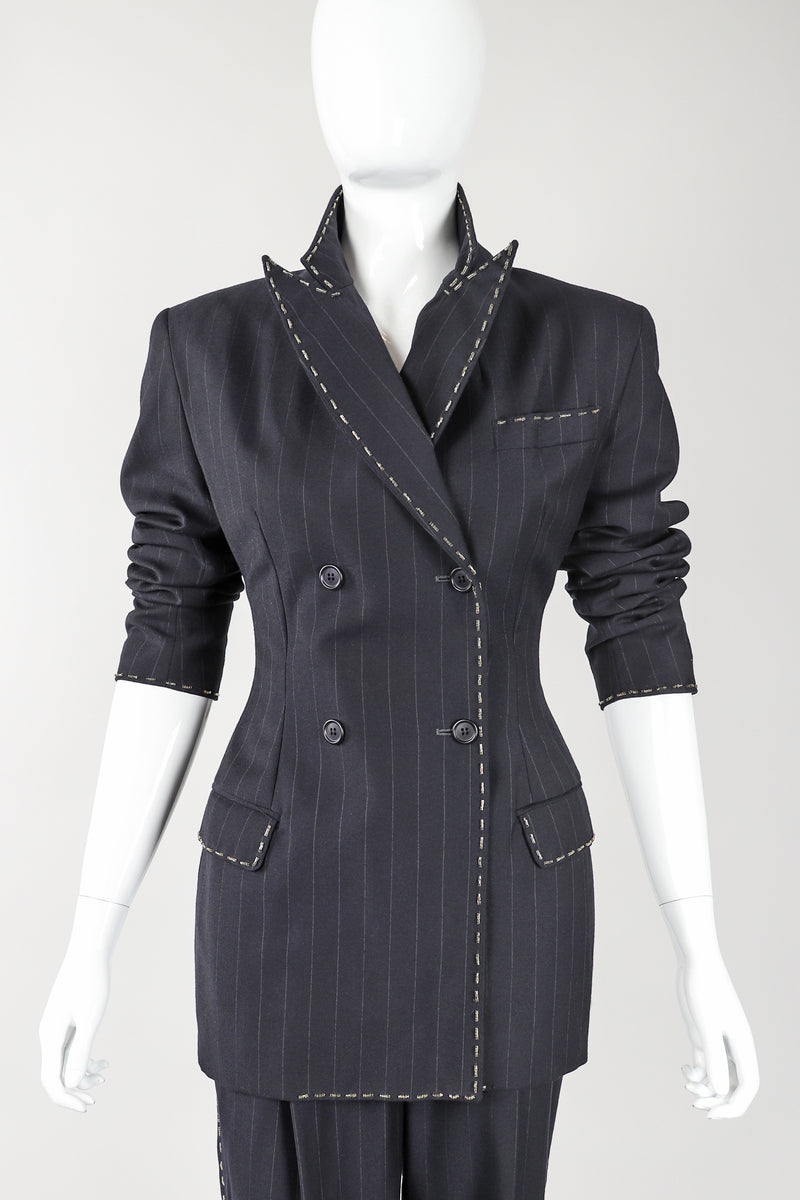Recess Vintage Dolce & Gabbana charcoal Pinstripe Pant and jacket on mannequin, popped collar