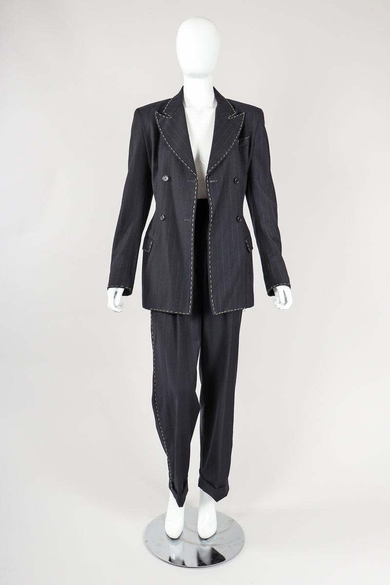 Recess Vintage Dolce & Gabbana charcoal Pinstripe Jacket & Pant Suit on Mannequin, jacket open