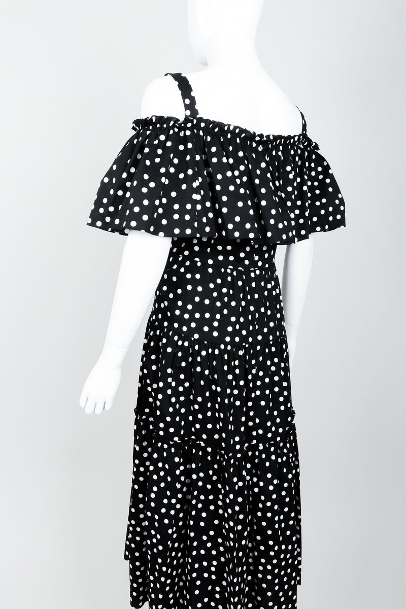 Vintage Dolce & Gabbana Polka Dot Cold Shoulder Ruffle Dress on Mannequin angled back at Recess