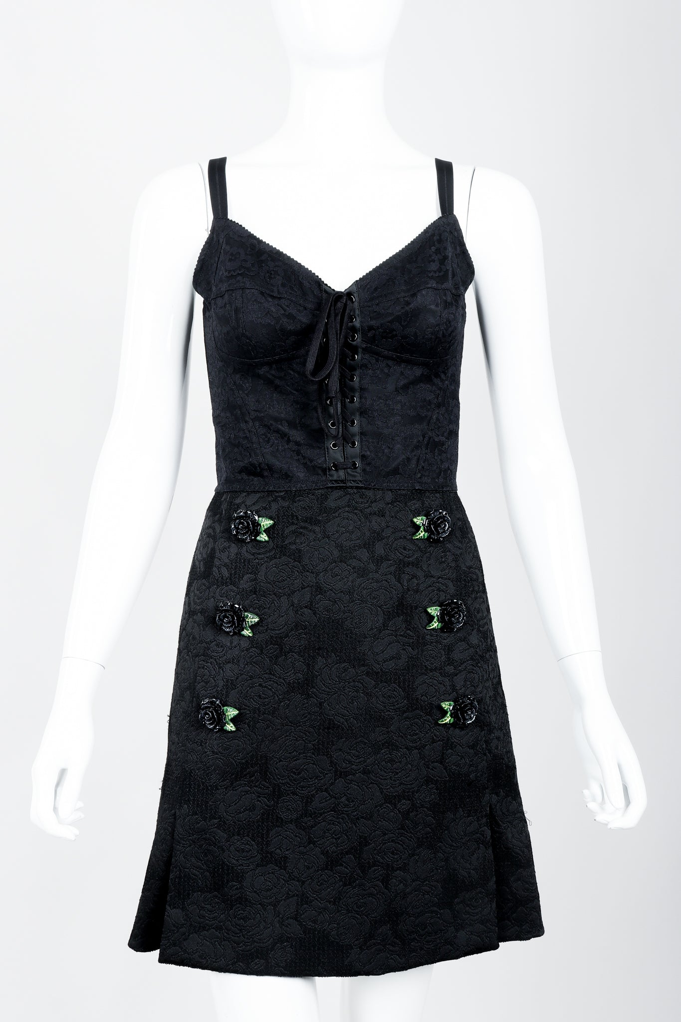 Vintage Dolce & Gabbana Lace Rosette Bustier Slip Dress on Mannequin front crop at Recess