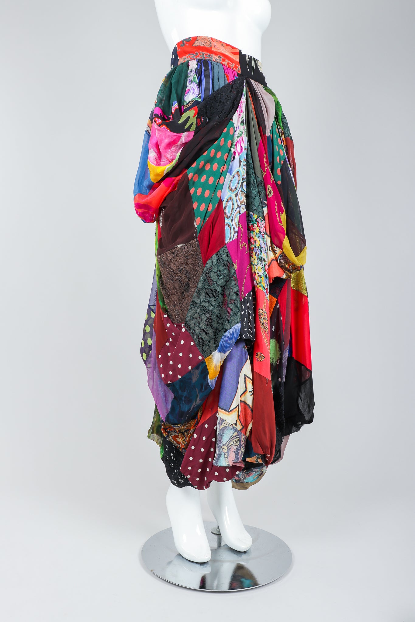 Recess Vintage Dolce & Gabbana Rainbow Silk Patchwork Skirt on Mannequin, angled