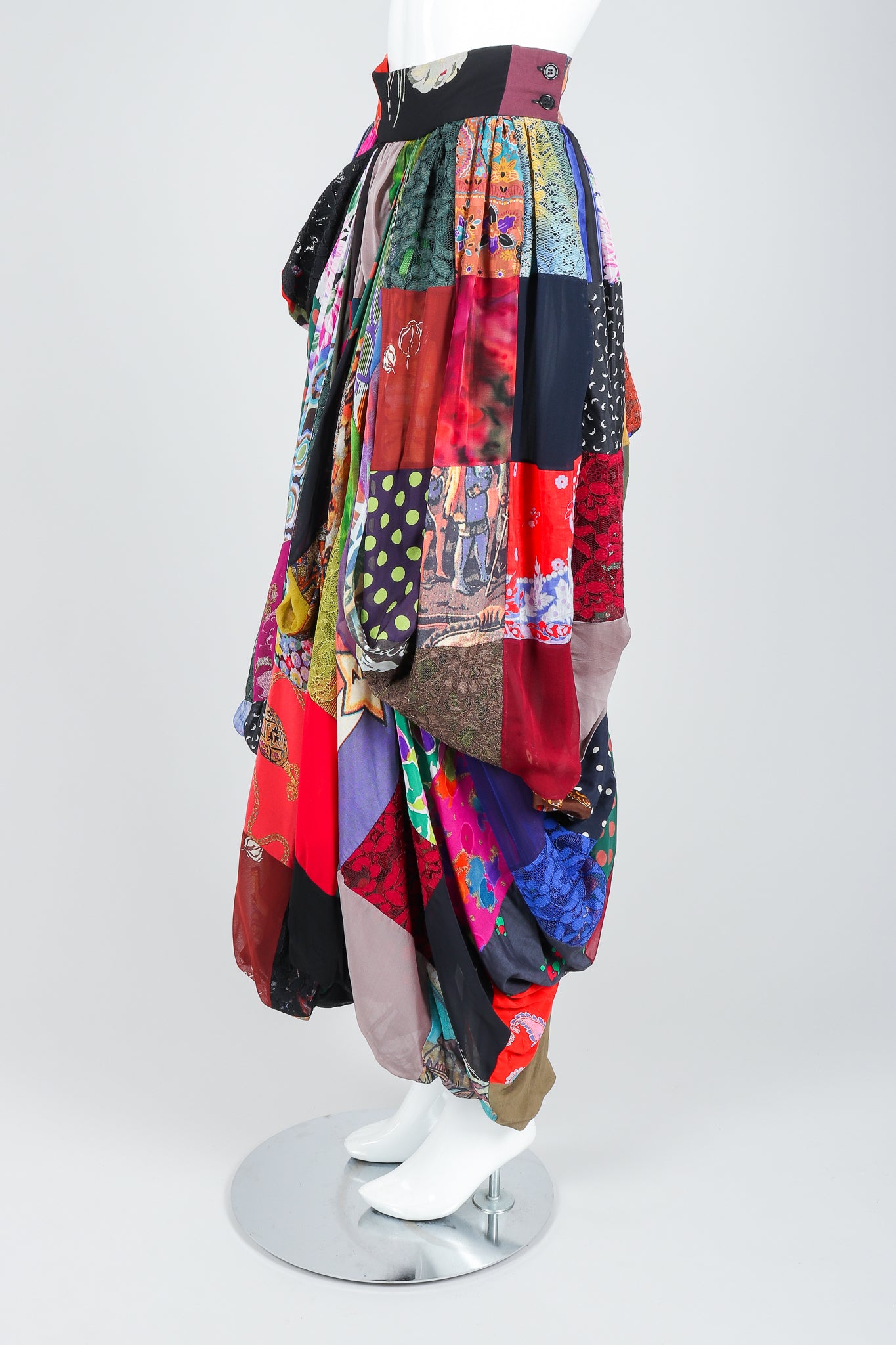 Recess Vintage Dolce & Gabbana Rainbow Silk Patchwork Skirt on Mannequin, side
