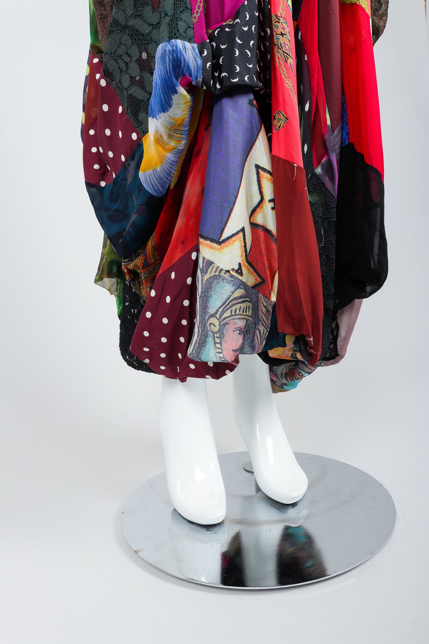 Recess Vintage Dolce & Gabbana Rainbow Silk Patchwork Skirt on Mannequin, hem detail