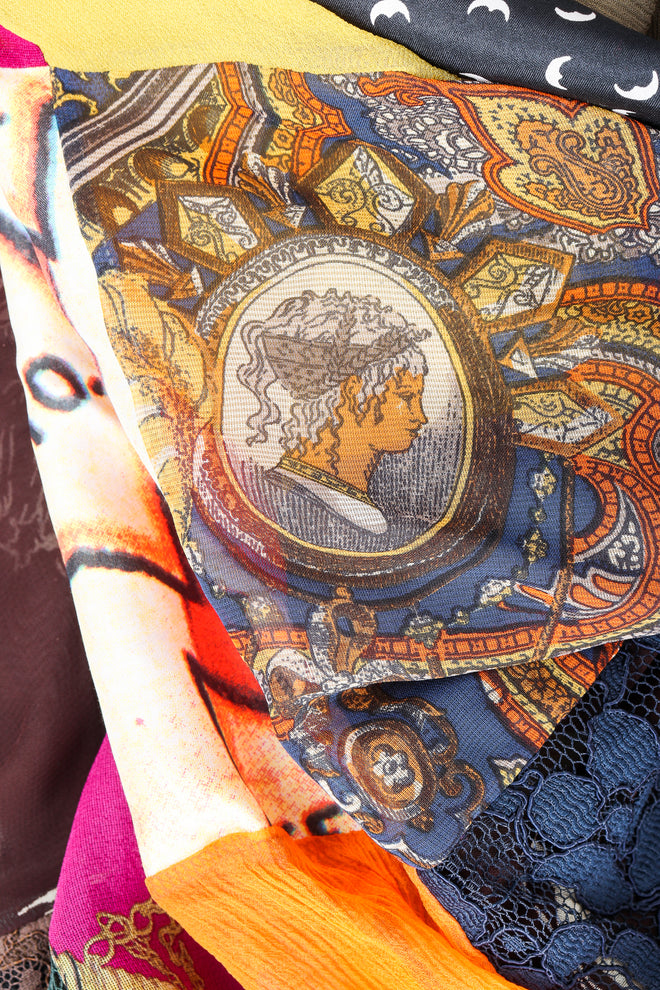 Recess Vintage Dolce & Gabbana Rainbow Silk Patchwork Skirt on Mannequin, fabric detail- goddess